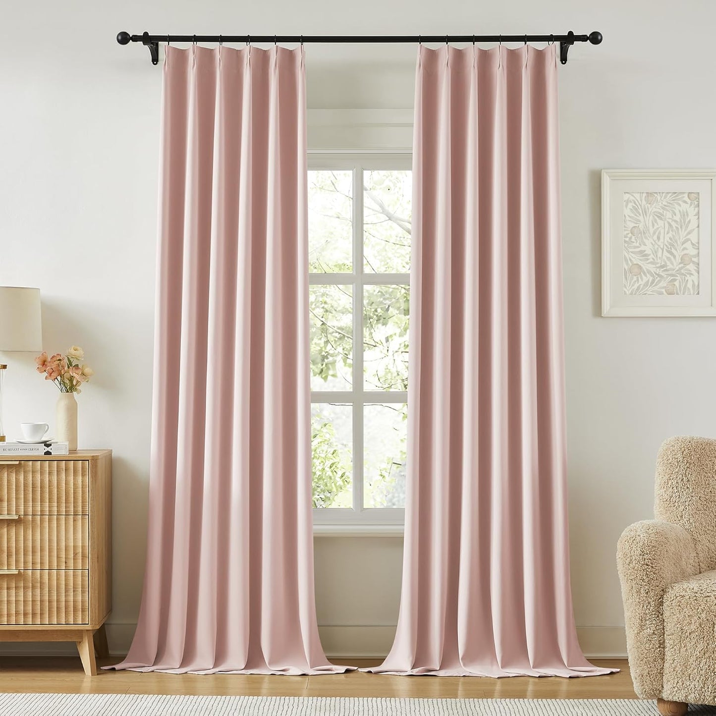 KangBang 2 PCs Pinch Pleat Wide Drapes for Sliding Door 95 Inches Long, Room Darkening Privacy Assured Polyester Curtains & Drapes Ceiling to Floor for Locker Room Living Room(Baby Pink,60x95 Inch)