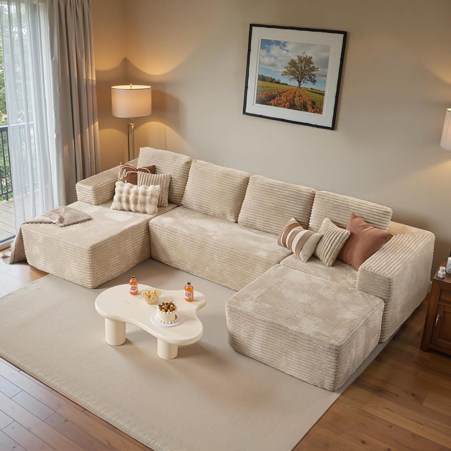 ovios Sectional Cloud Couch for Living Room, Modular Floor Sofa with Plush Corduroy, No Assembly Required, Big Comfy Couches Set with Fluffy Memory Foam, Stupendous U Shaped Sofas with Chaise, Grey