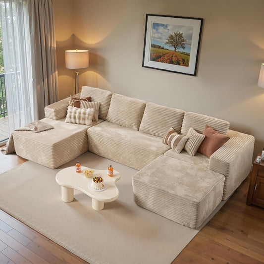 ovios Sectional Cloud Couch for Living Room, Modular Floor Sofa with Plush Corduroy, No Assembly Required, Big Comfy Couches Set with Fluffy Memory Foam, Stupendous U Shaped Sofas with Chaise, Grey