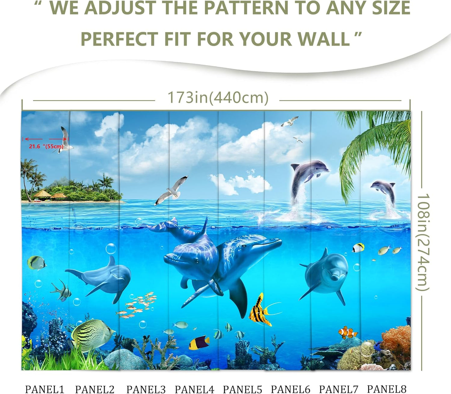 Ocean Wallpaper White Gull Dolphin Wall Mural for Bedroom Living Room (Not Peel n‘ Stick)