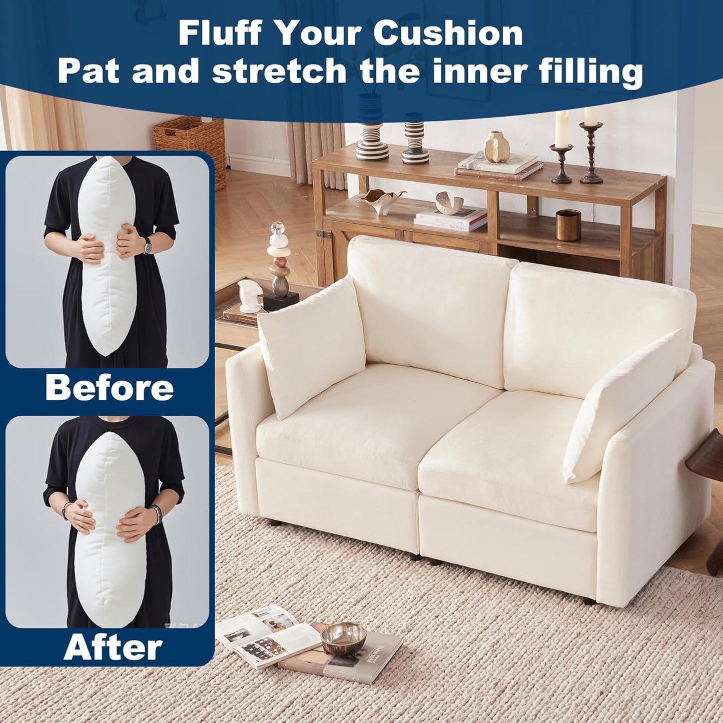 Tbfit 59" Loveseat Sofa, Chenille Small Sofa Couch, Love Seat with 2 Pillows for Small Space, Bedroom & Living Room, Beige