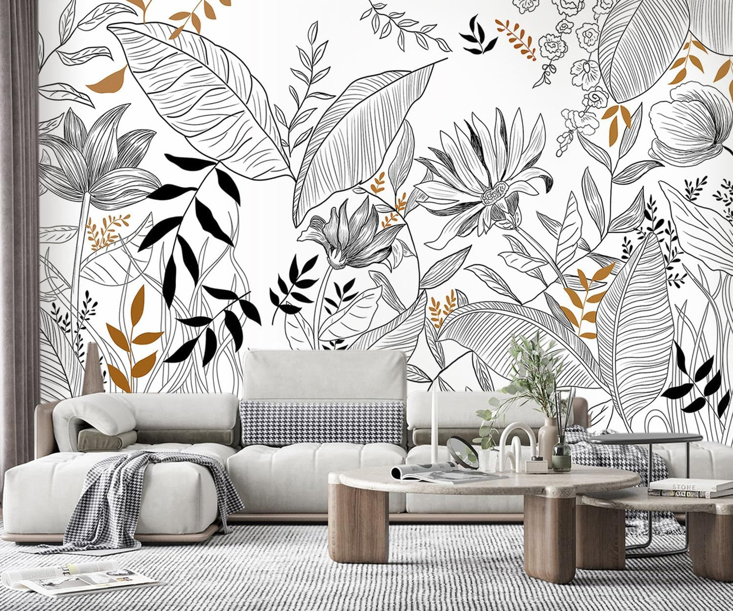 -Hand-Painted Flower Plant Fabric Wallpaper Simple Art Living Room 140" x 91" (Not Peel and Stick)