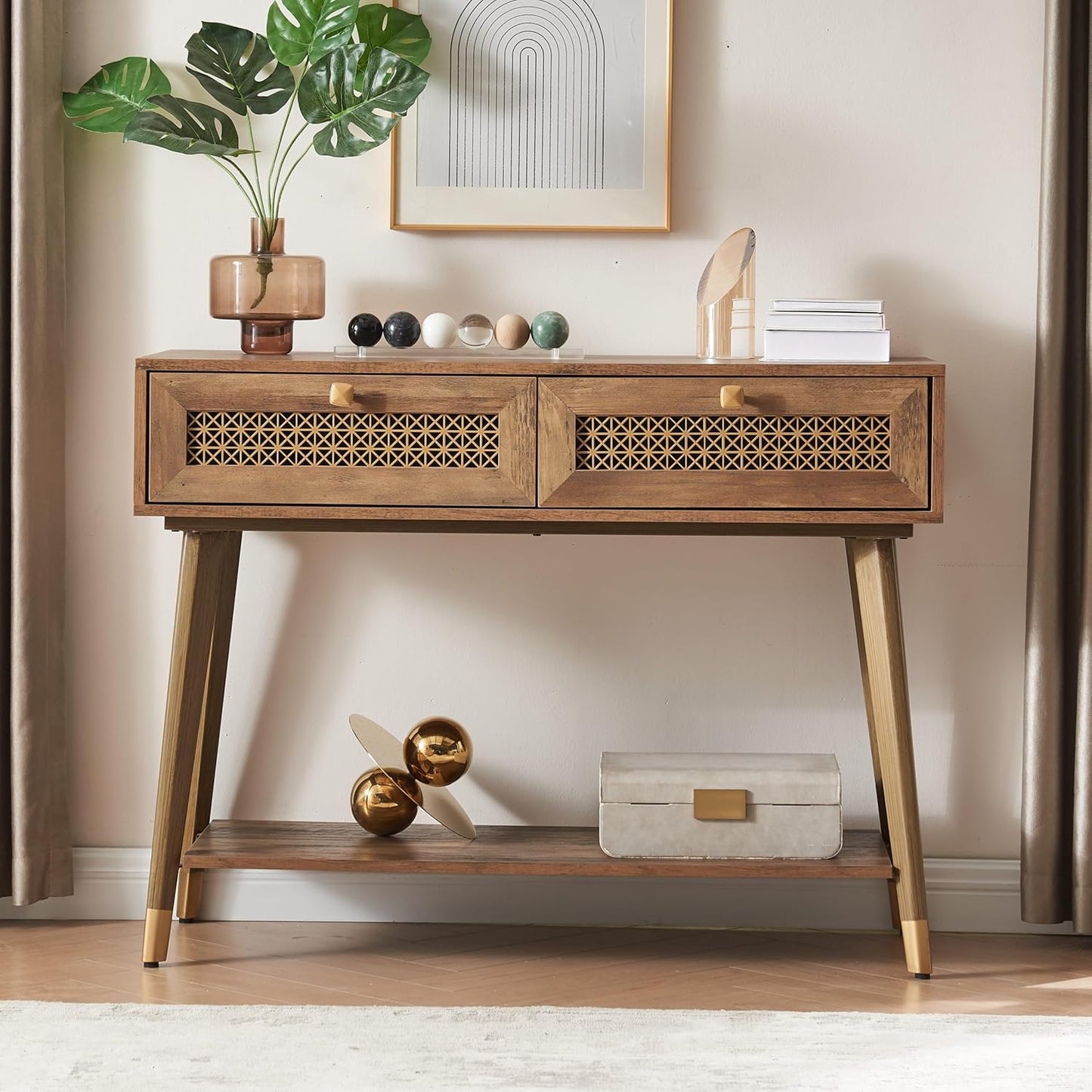 Narrow Sofa Table with Two Drawers and Shelf, Modern Style Wooden Console Table for Living Room, Entryway, Hallway, Rustic Oak