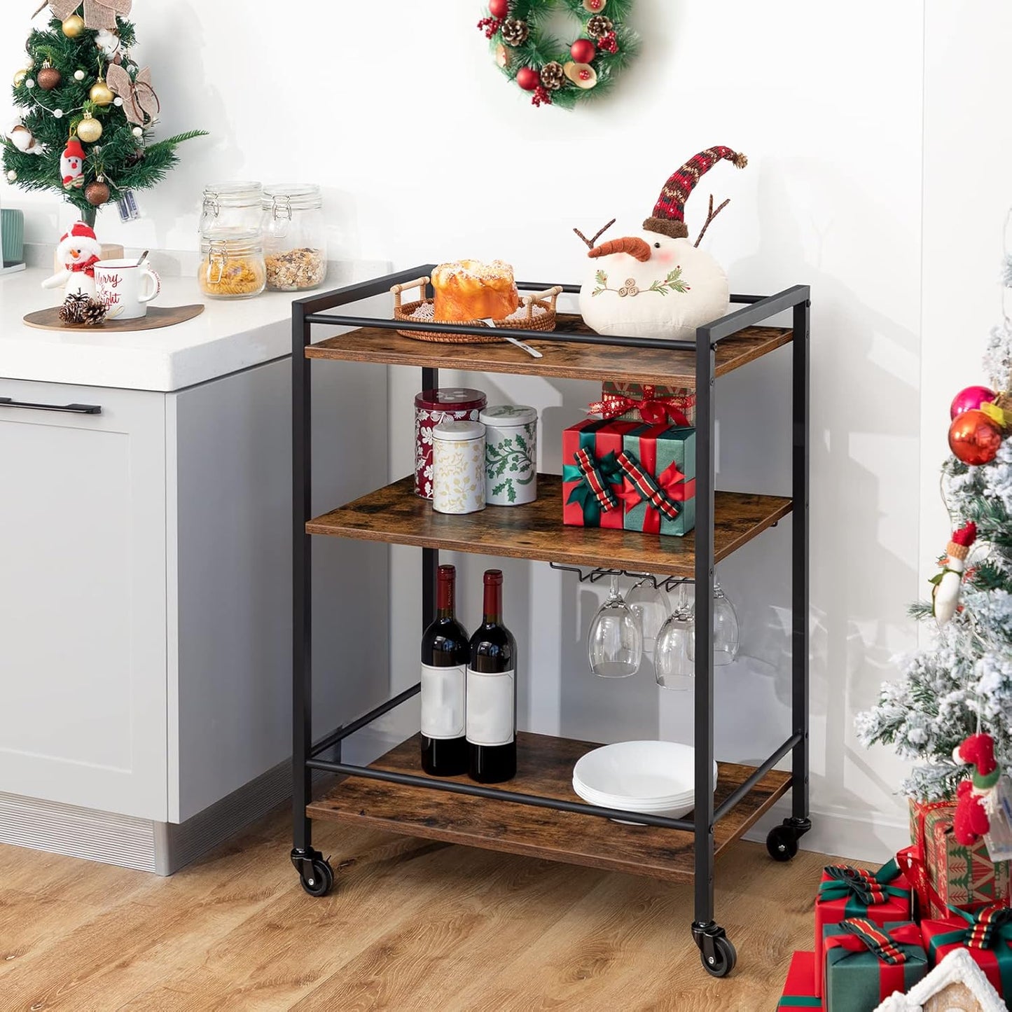 HOOBRO Bar Cart for The Home, Serving Cart with Wine Glass Hooks, Rolling Kitchen Cart with Lockable Wheels, 25.2 x 15.7 x 33.3 Inches Beverage Cart with Storage Shelves, Rustic Brown BF02TC01