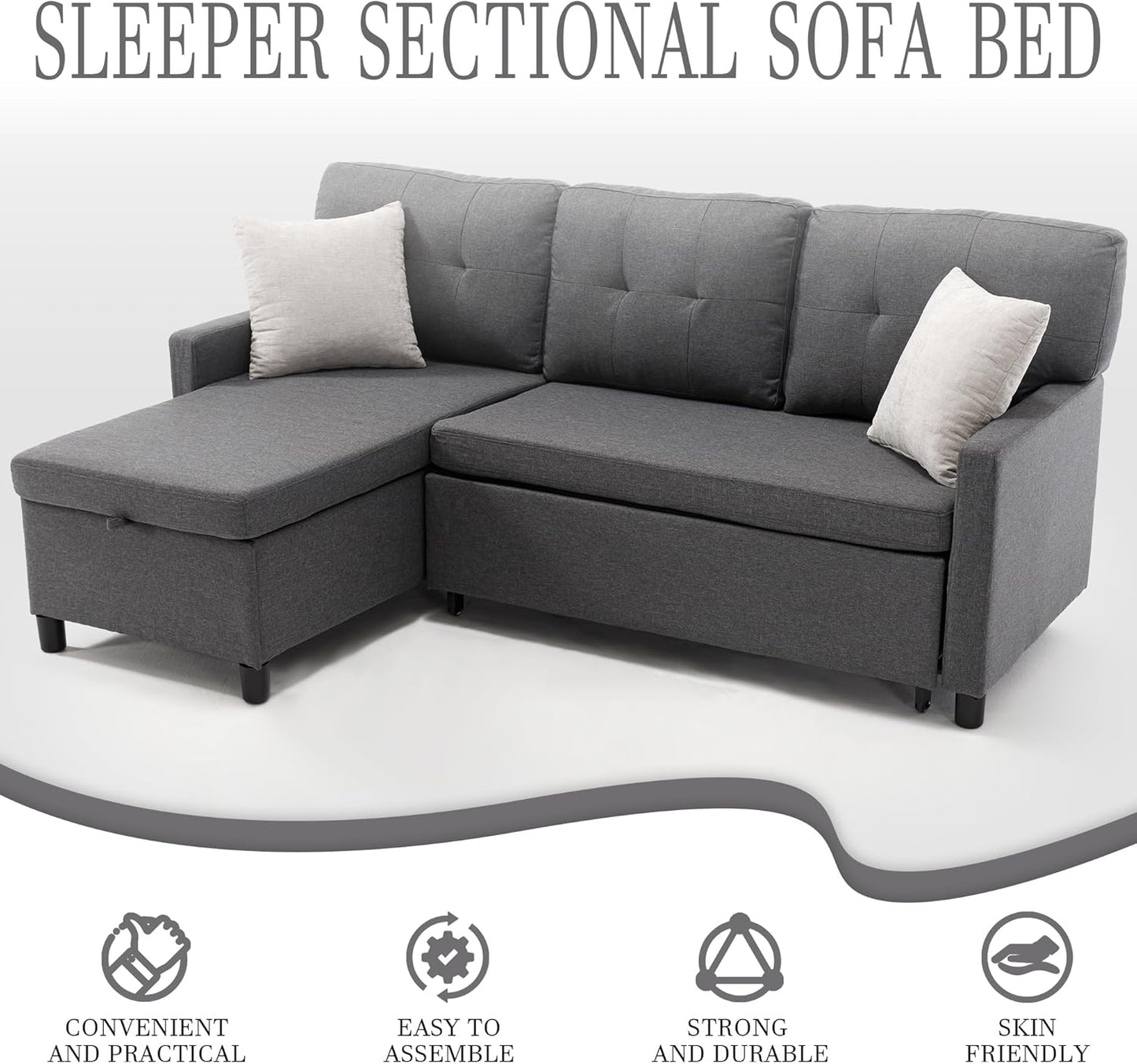 Pull Out Couch, Oversized Sleeper Sofa Couch, Sectional Sleeper Sofa Bed for Living Room Bedroom Lounge (Grey, 73 Inch)