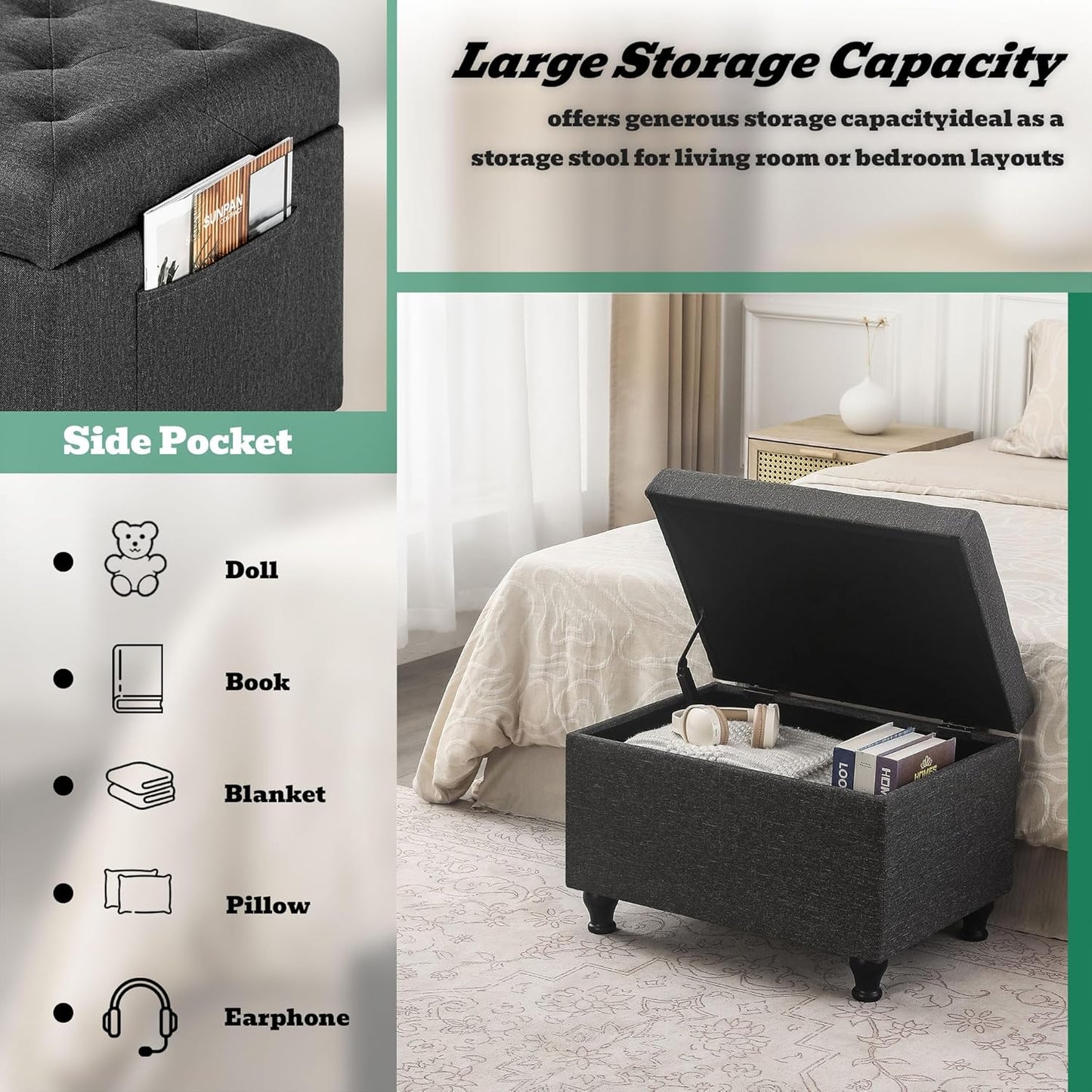 Ottoman with Storage 24'' Storage Ottomans Linen Fabric Ottoman Footstools Small Upholstered Foot Rest Stool for Couch, Living Room, Bedroom, Entrance Shoe Bench Dark Grey