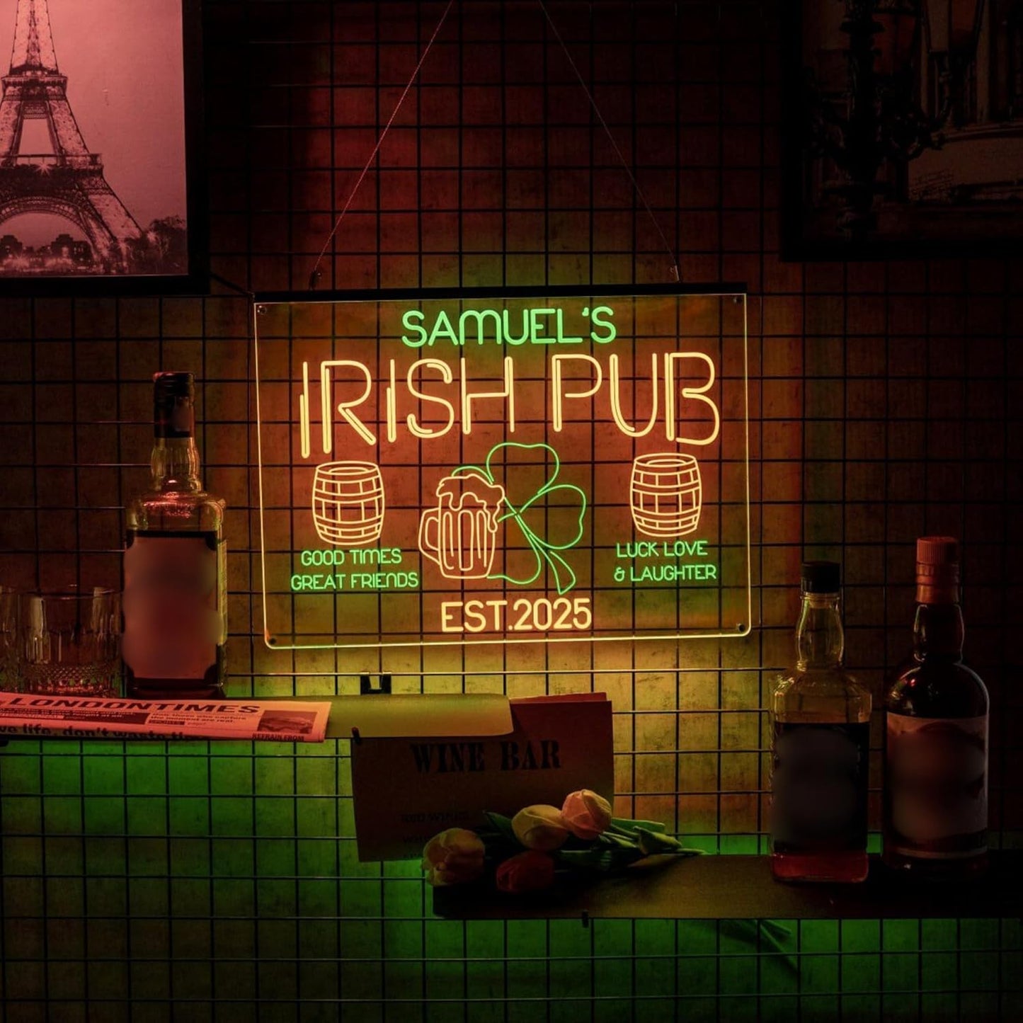 Personalized Irish Pub Signs with Your Name for home wall light up with personalized pub name, man cave accessories, beer themed neon customizable lighted sign