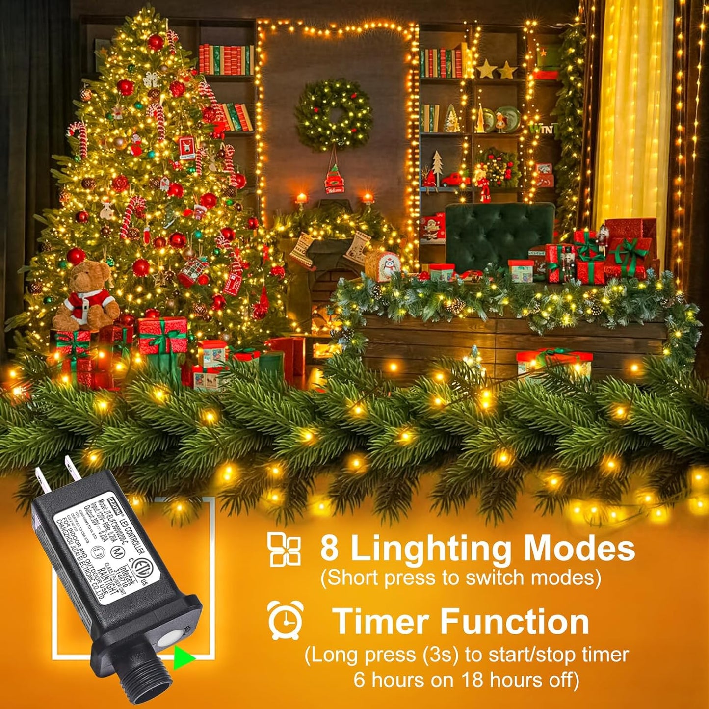 2 Pack Christmas Lights Outdoor, Total 200FT 600LED Christmas Tree Lights with 8 Modes Waterproof, Warm White String Twinkle Lights Green Wire for Indoor Patio Garden Xmas Holiday Decorations