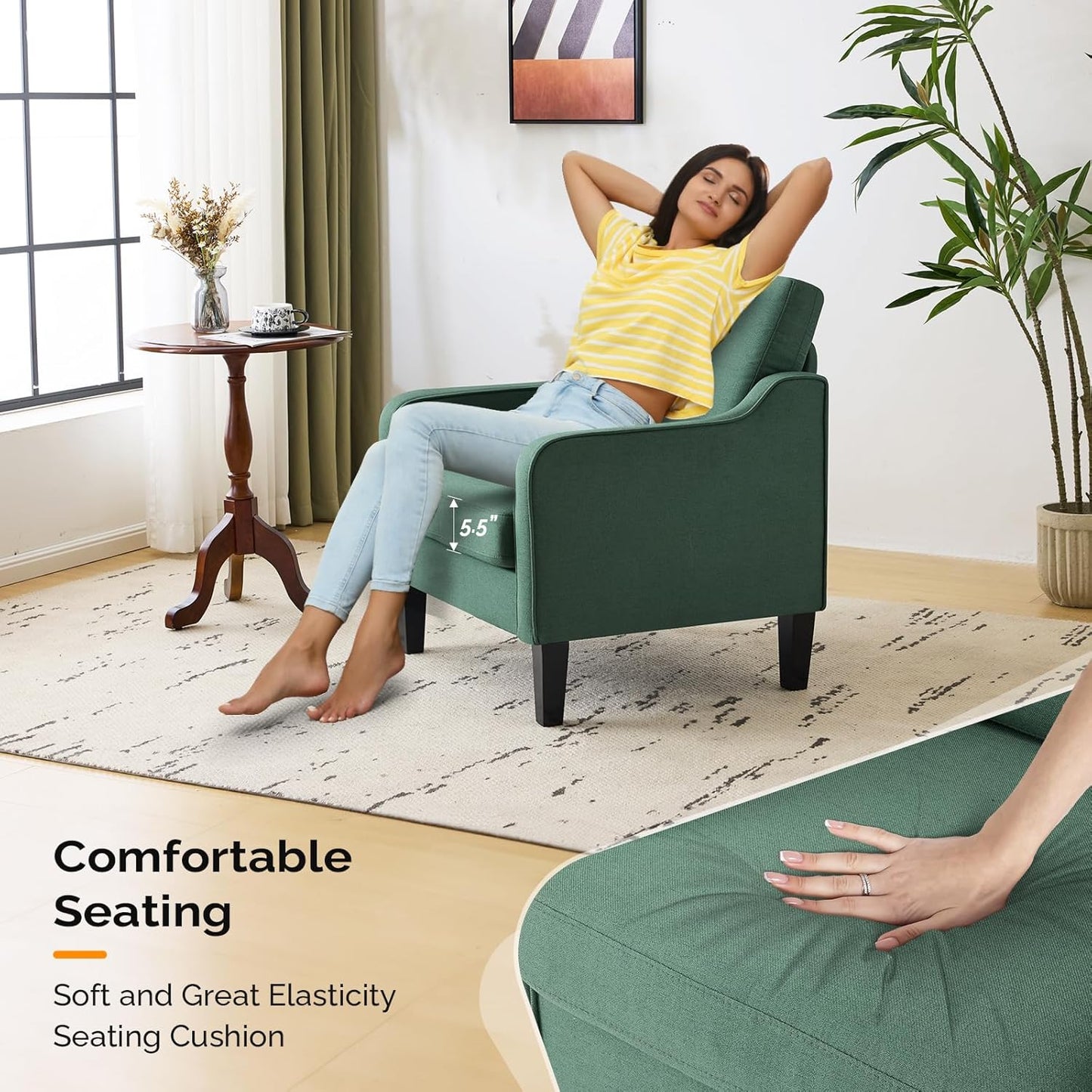 VINGLI Mid-Century Modern Accent Chairs Set of 2 Living Room Chairs Dark Green Reading Chairs for Bedroom Scooped Arm Chairs Upholstered Comfy Chairs for Apartment, Waiting Room