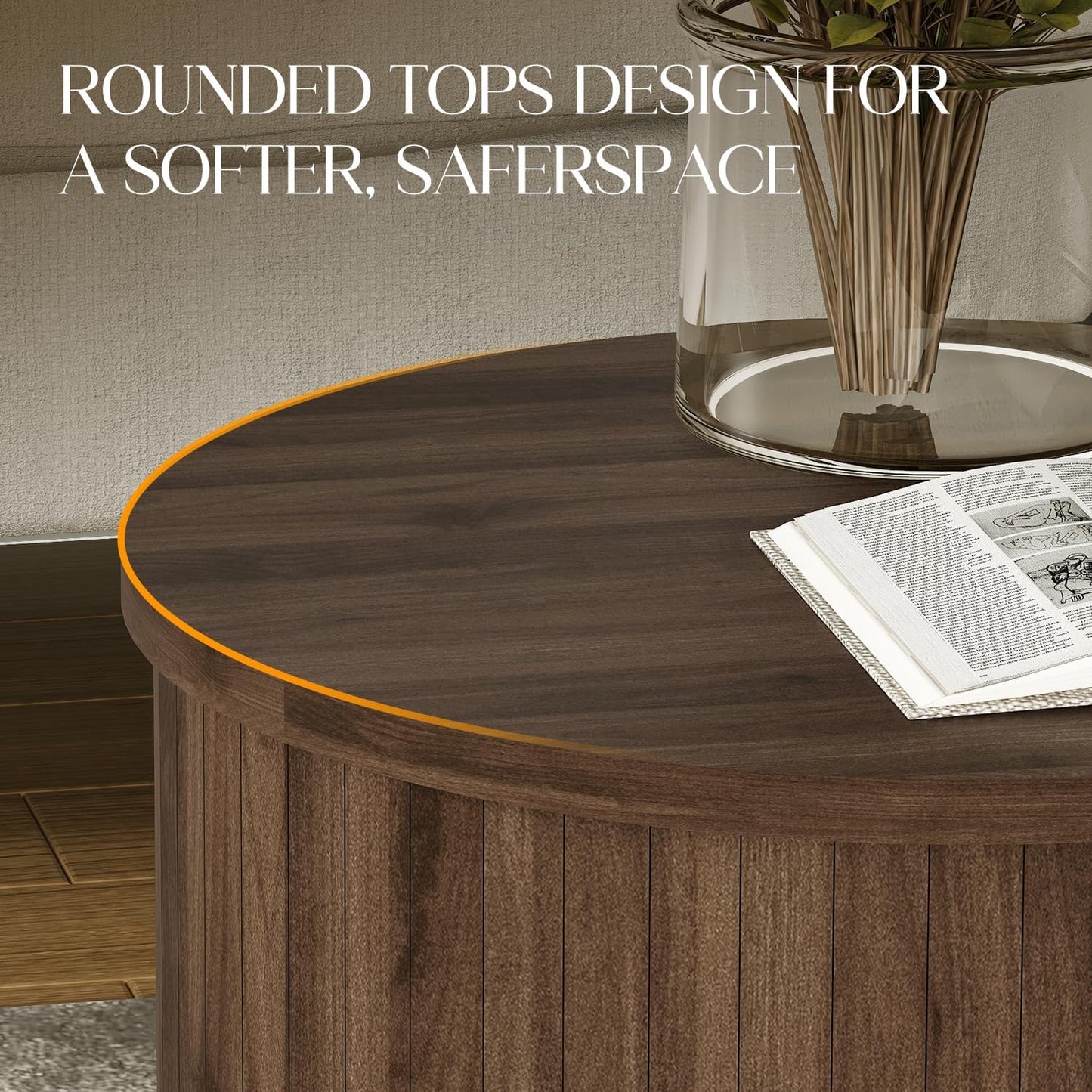 Round Fluted End Table for Living Room, Modern Wooden Sofa Couch Side Table for Small Spaces, 21.9" H Nightstand Set of 2 for Bedroom (Walnut)