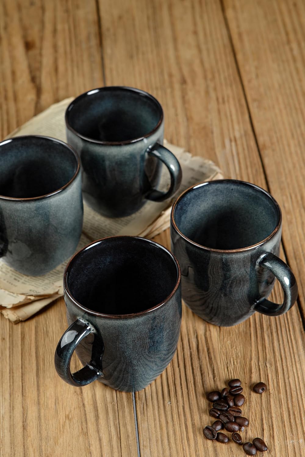 famiware Coffee Mugs Set of 4, Ocean Square 13oz Coffee Cup Set with Handle for Cocoa, Milk, Hot Chocolate, Stoneware Cups for Kitchen, Reactive Glaze, Microwave and Dishwasher Safe, Deep Forest