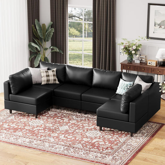 118.5" Faux Leather Modular Sectional Sofa with Storage Seat, Modern 6 Seater Couch Deep Seat with Removable Cover DIY Combination Black