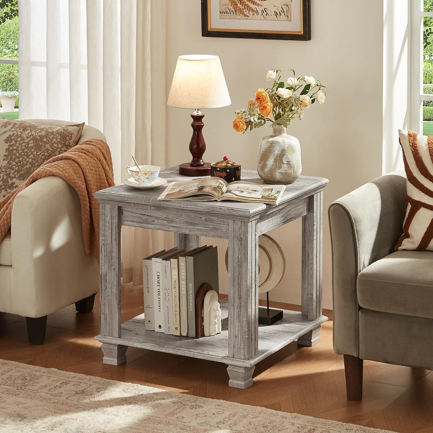 Farmhouse End Table,Large Side Table with 2-Tier Storage Shelf,Rustic Wood End Tables for Living Room,Square Tea Table,Gray