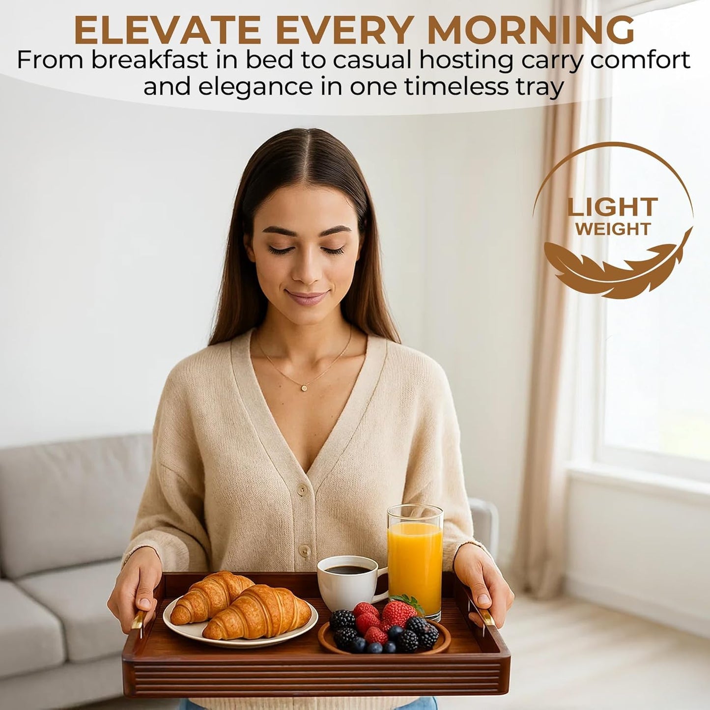 Acacia Wood Serving Tray with Metal Handles – 17x12in Rustic Decorative Ottoman & Coffee Table Tray for Breakfast in Bed, Dinner, Bar, Kitchen, Home Décor & Entertaining