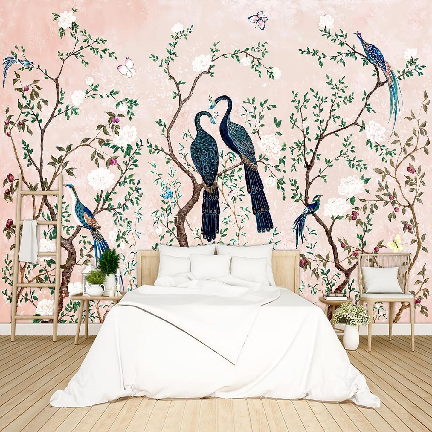Pink Chinese Style Flowers Birds Wallpaper Peel and Stick Wall Mural for Bedroom Living Room - 85"x118"