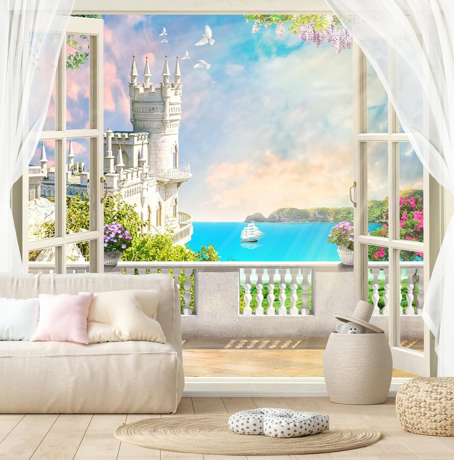 Window Seascape Wall Mural Wallpaper for Bedroom Living Room Bathroom (Not Peel n' Stick)
