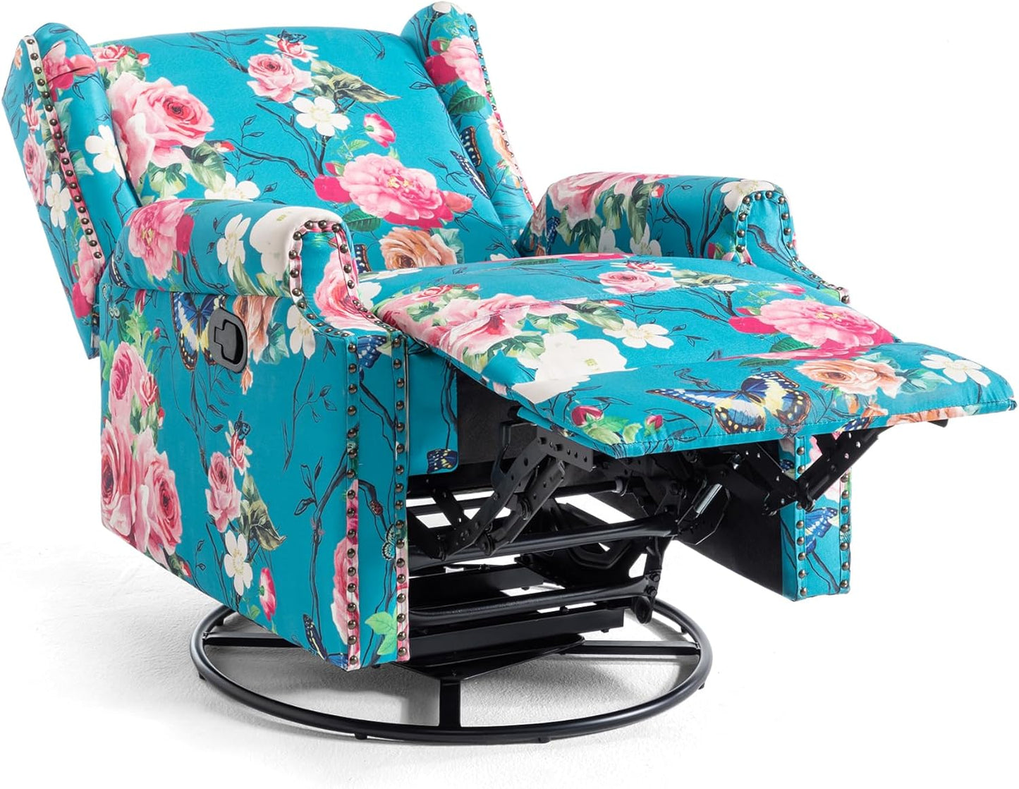 UIXE Swivel Rocker Manual Recliner Chair, Wingback Swivel Glider Fabric Nursery Reclining Sofa Chair, High Back Upholstered Arm Chair for Living Room Bedroom - Peacock Blue