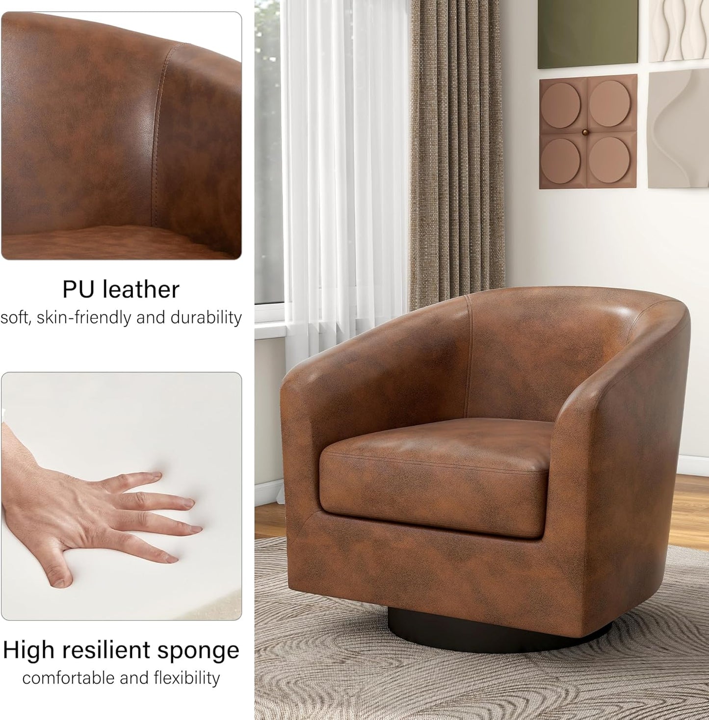 Swivel Barrel Accent Chair, Modern Round Faux Leather Arm Chair for Living Room, Bedroom, Comfy Club Reading Chairs for Adults(Faux Leather, Coffee, Set of 2)
