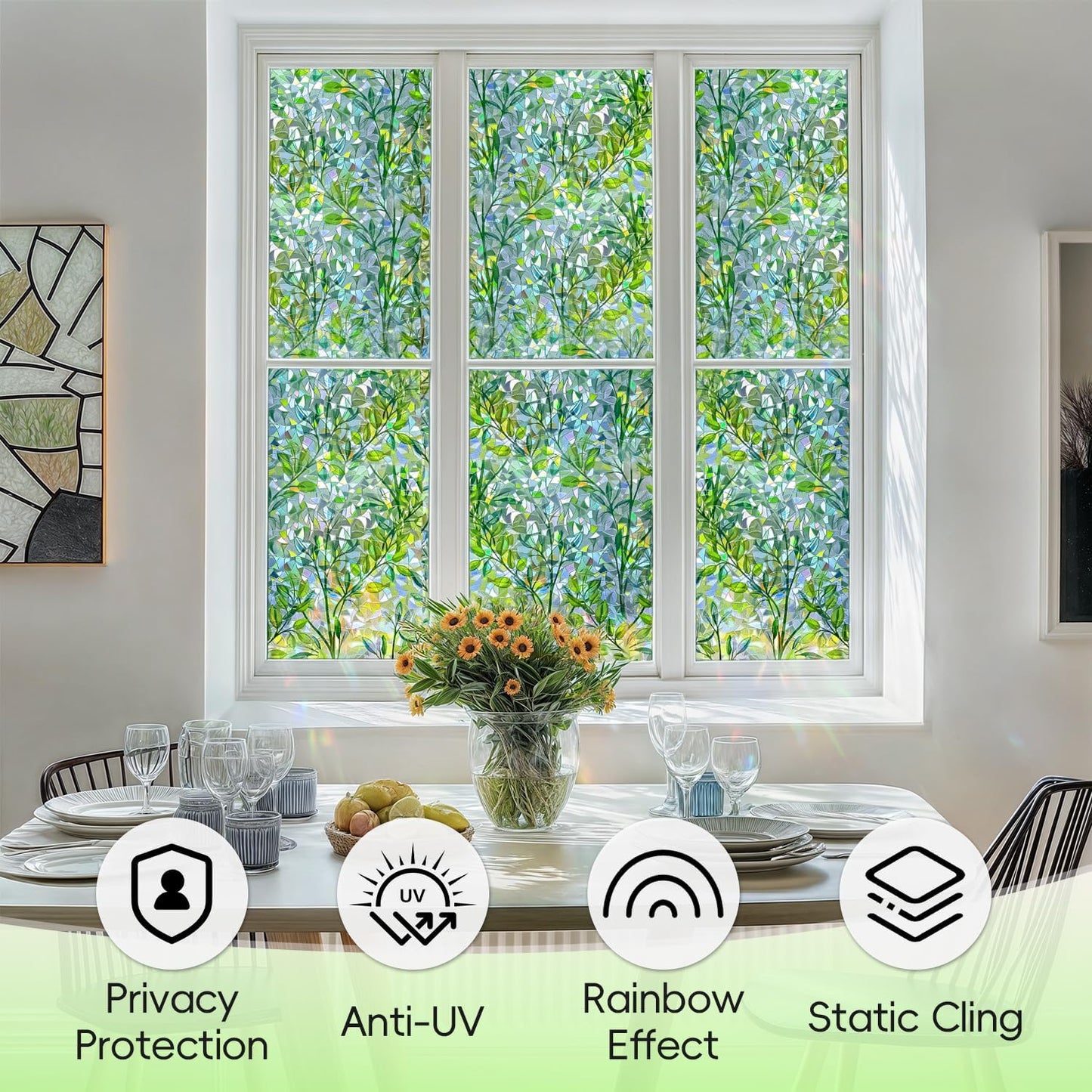 DUOFIRE Window Privacy Film Decorative Stained Glass Window Film Rainbow Foliage Windows Cling Anti UV Non-Adhesive Static Cling Reusable Colorful Windows Decal for Home 35.4×78.7 inch