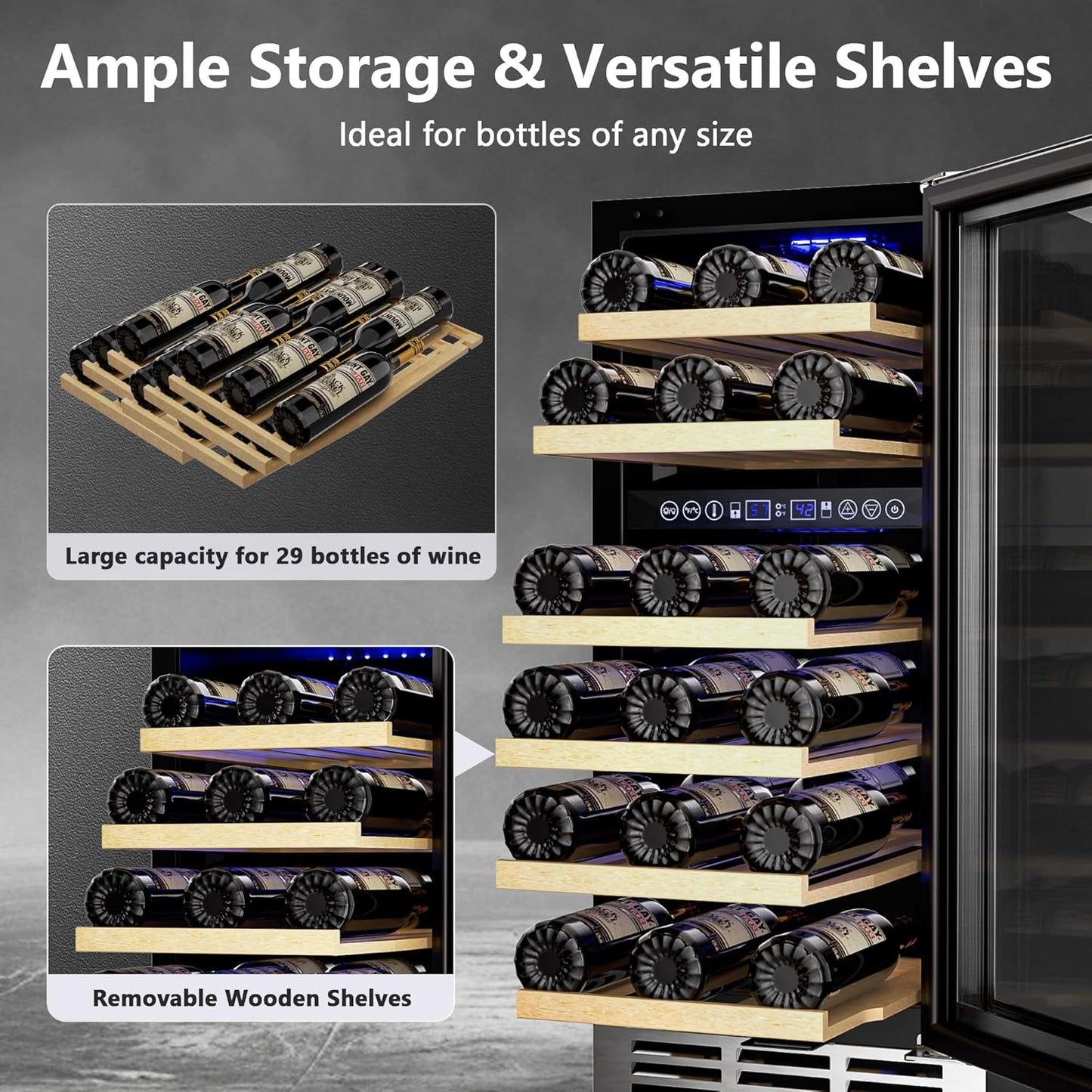 15 Inch Dual Zone Wine Refrigerator, 29 Bottle Under Counter Wine Fridge, Wine Refrigerator for Built-In or Freestanding, Wine Cooler with Removable Shelves, Double-Layer Glass Door, for Home