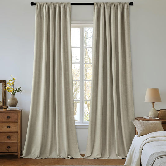 MIULEE 100% Blackout Curtains 84 Inch Long 2 Panels Set for Bedroom, Thick Luxury Faux Linen Black Out Curtain Room Darkening Back Tab Pleat Window Textured Drapes with Hooks for Living Room, Oatmeal