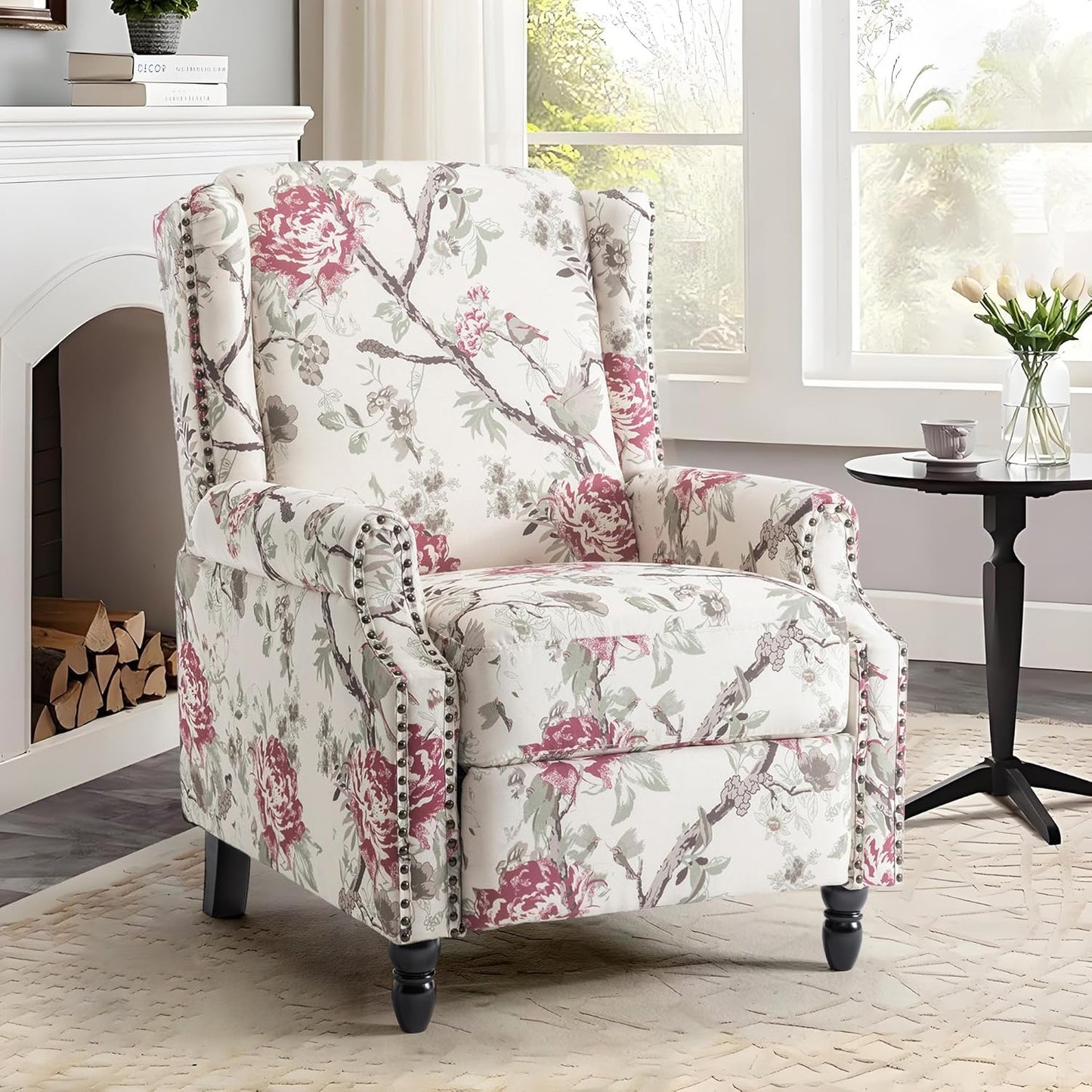 UIXE Pushback Recliner Chair, Fabric Upholstered Armchair Push Back Accent Chair for Living Room, Rivet Trim Home Theater Single Sofa Bedroom Reading Seat with Footrest - Beige Floral