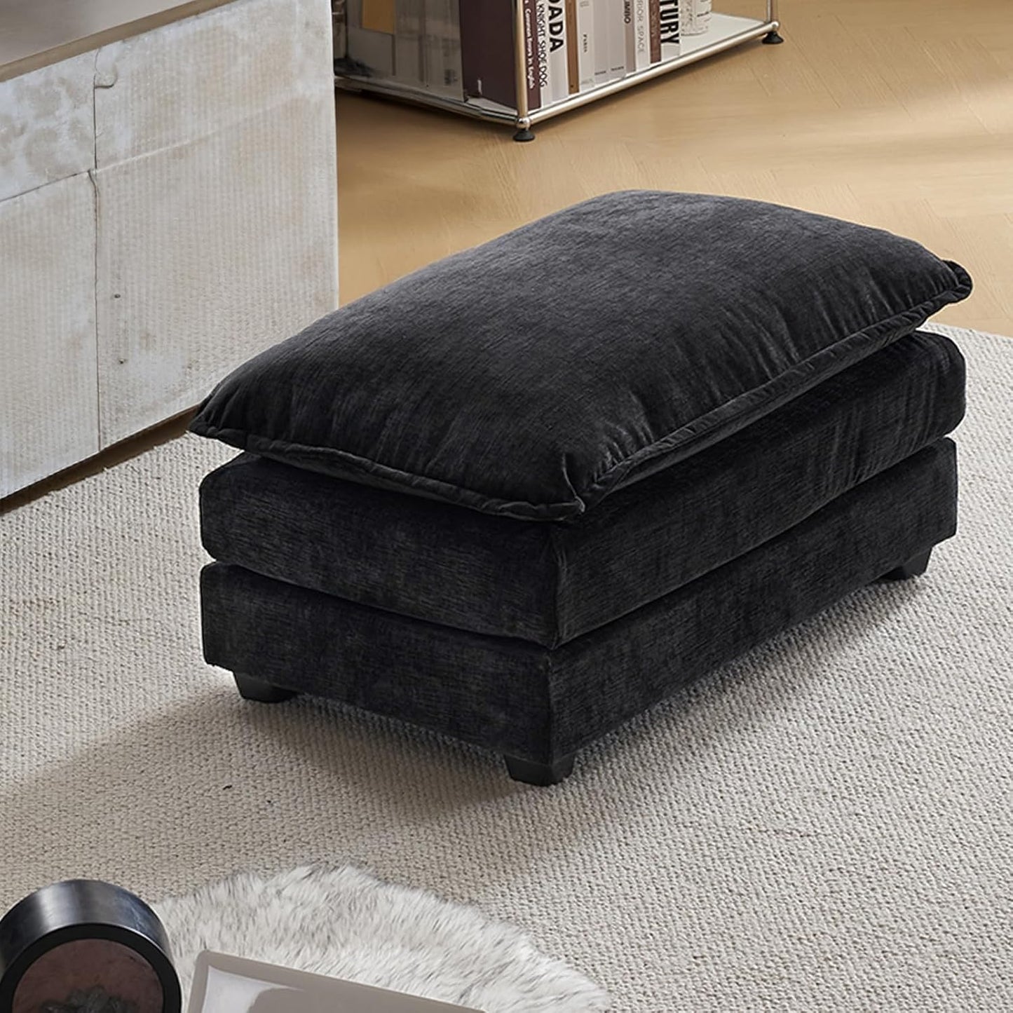 Karl home Modular Ottoman for Sectional Sofa, Chenille Comfy Upholstered Furniture for Living Room, Apartment, Studio, Office, (Ottoman, Black)