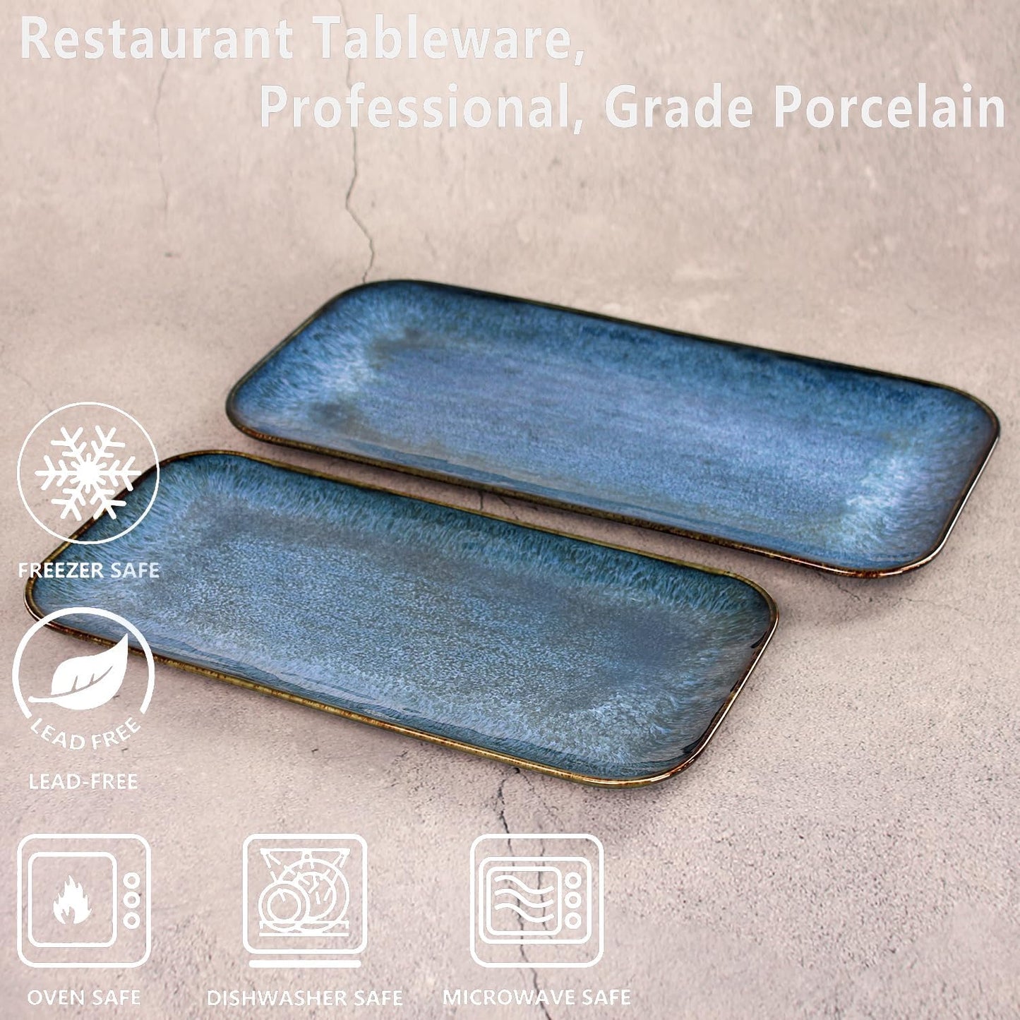 Porcelain Dinner Plates Blue 2 PCS, Serving platters for entertaining, for Fruit, cheese, snack, Bread, cupcake, Salad - Scratch Resistant durable, Microwave, Dishwasher Safe