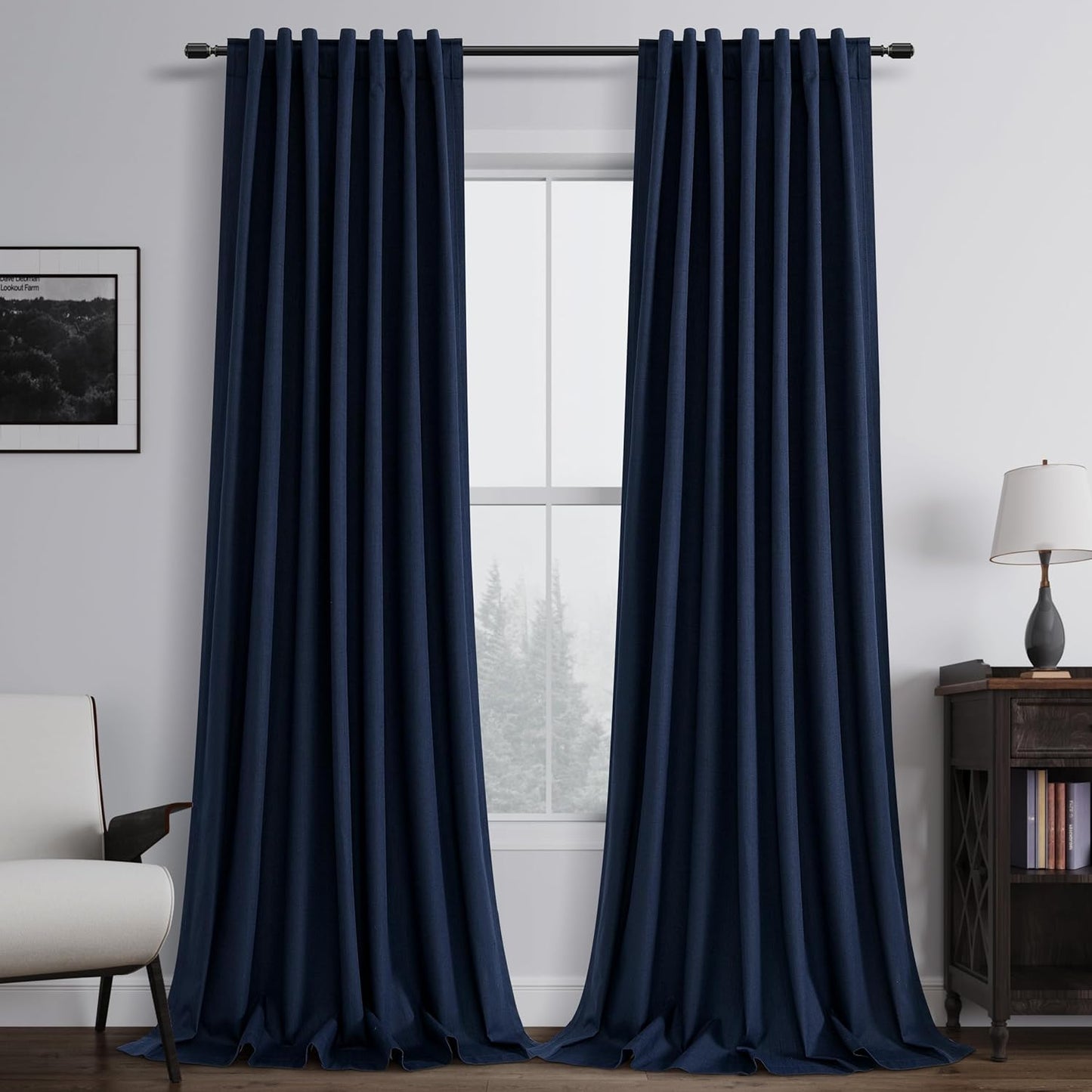 BOODII 100% Blackout Curtains for Bedroom 95 Inch Length 2 Panels Set Room Darkening Linen Curtains Navy Blue Black Out Curtain Thermal Insulated for Living Room Window Drapes Back Tab 52x95