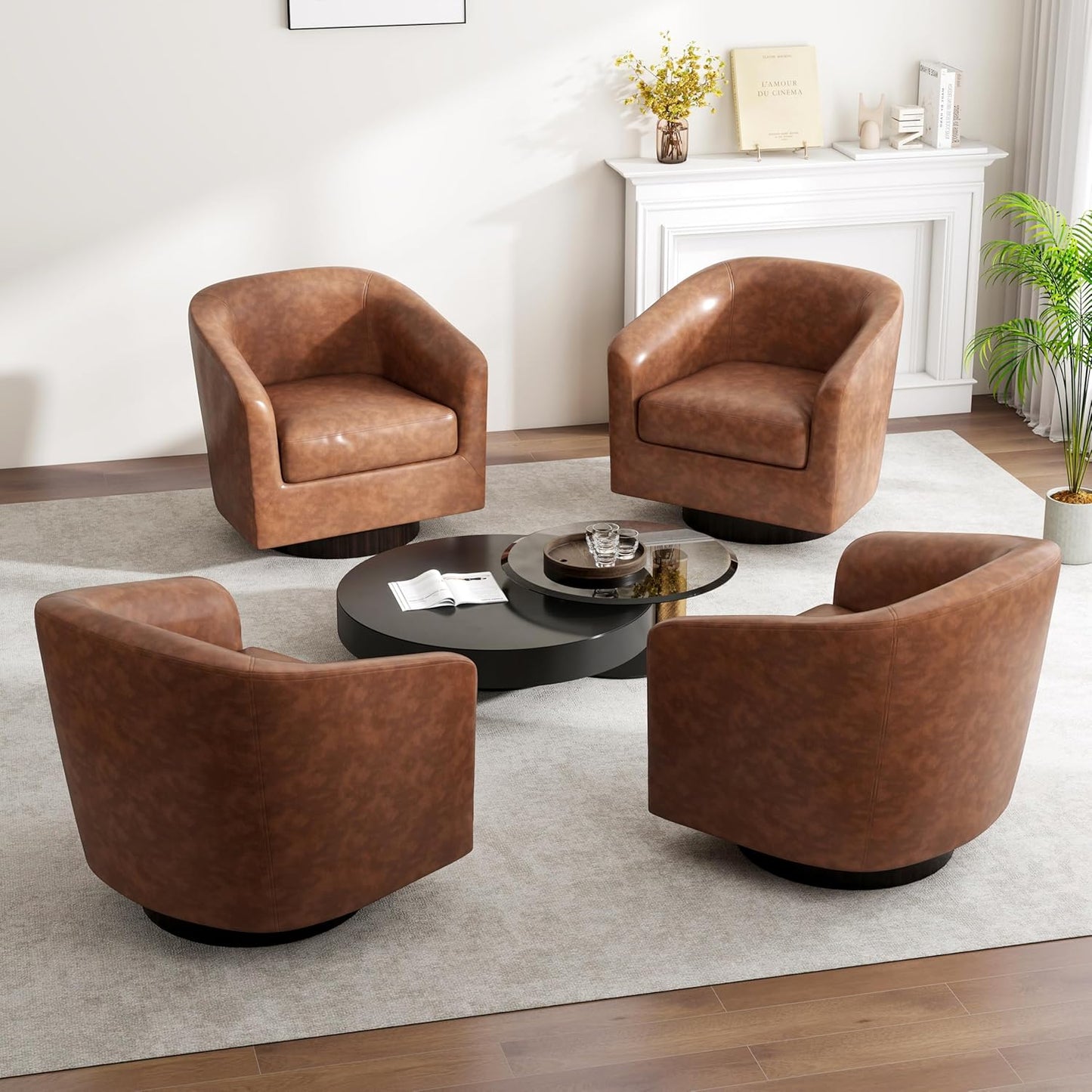 Swivel Barrel Accent Chair, Modern Round Faux Leather Arm Chair for Living Room, Bedroom, Comfy Club Reading Chairs for Adults(Faux Leather, Coffee, Set of 4)