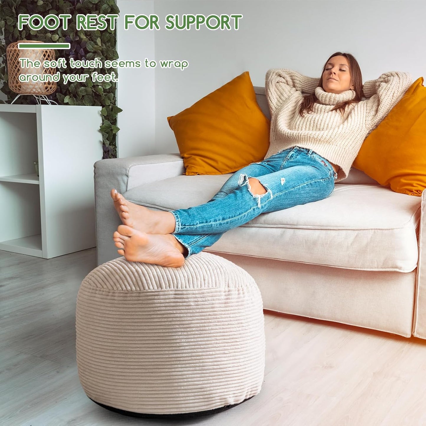 HIGOGOGO Round Stuffed Pouf Ottoman, Corduroy Poufs with Foam Chunk Filling, Furry and Fluffy Pouf Foot Stool Storage Ottoman, 26 X 18 Floor Poufs Foot Rest for Living Room, Beige