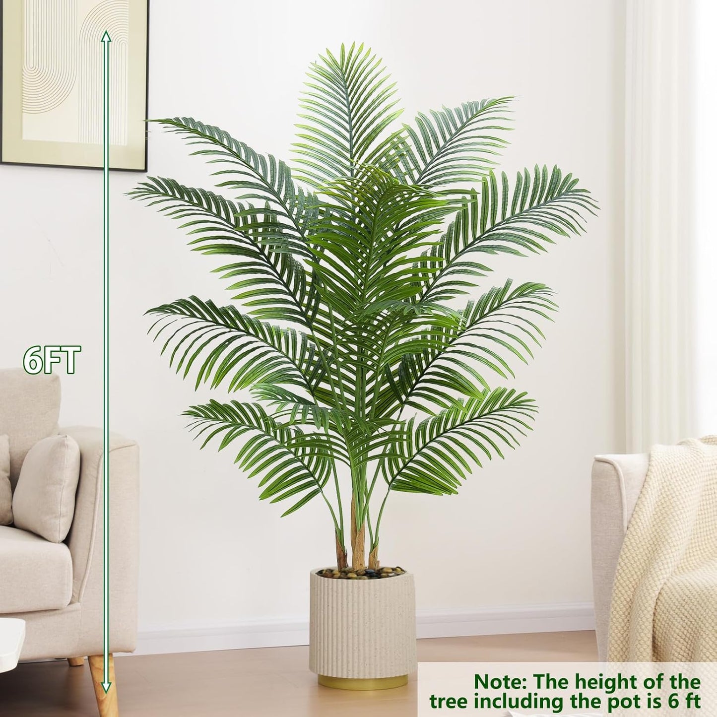 Artificial Palm Tree Plant 6FT Tall Fake Tropical Palm Tree in Pot, Real Bark Design Faux Areca Palm Tree for Home Office Living Room Bedroom Farmhouse Modern Indoor Outdoor Topiary Tree (18 Trunks)