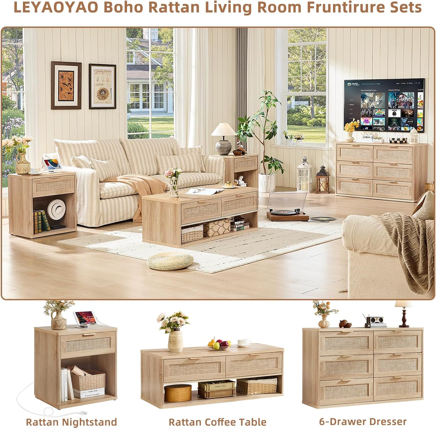LEYAOYAO Boho Rattan Coffee Table Sets 3 Pieces, Nightstand with Charging Station and Coffee Table with Hidden Storage Compartment, Natural Living Room Table Set, Wood Furniture Sets for Home Office