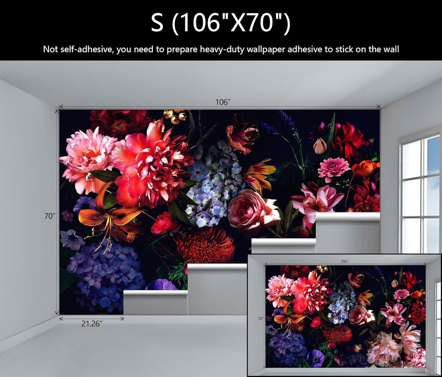 WFBHUA-Dark Floral Wallpaper Watercolor Pink and Blue Flower Wall Mural for Bedroom (Not Peel and Stick)