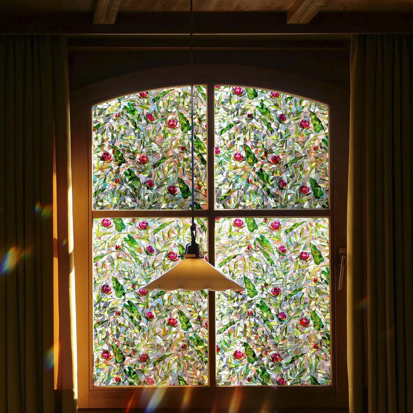 Rainbow Window Privacy Film 3D Floral Decorative Stained Glass Window Film Anti UV Non-Adhesive Reusable 17.5" x 78.7" for Home Room Car Glass Cling