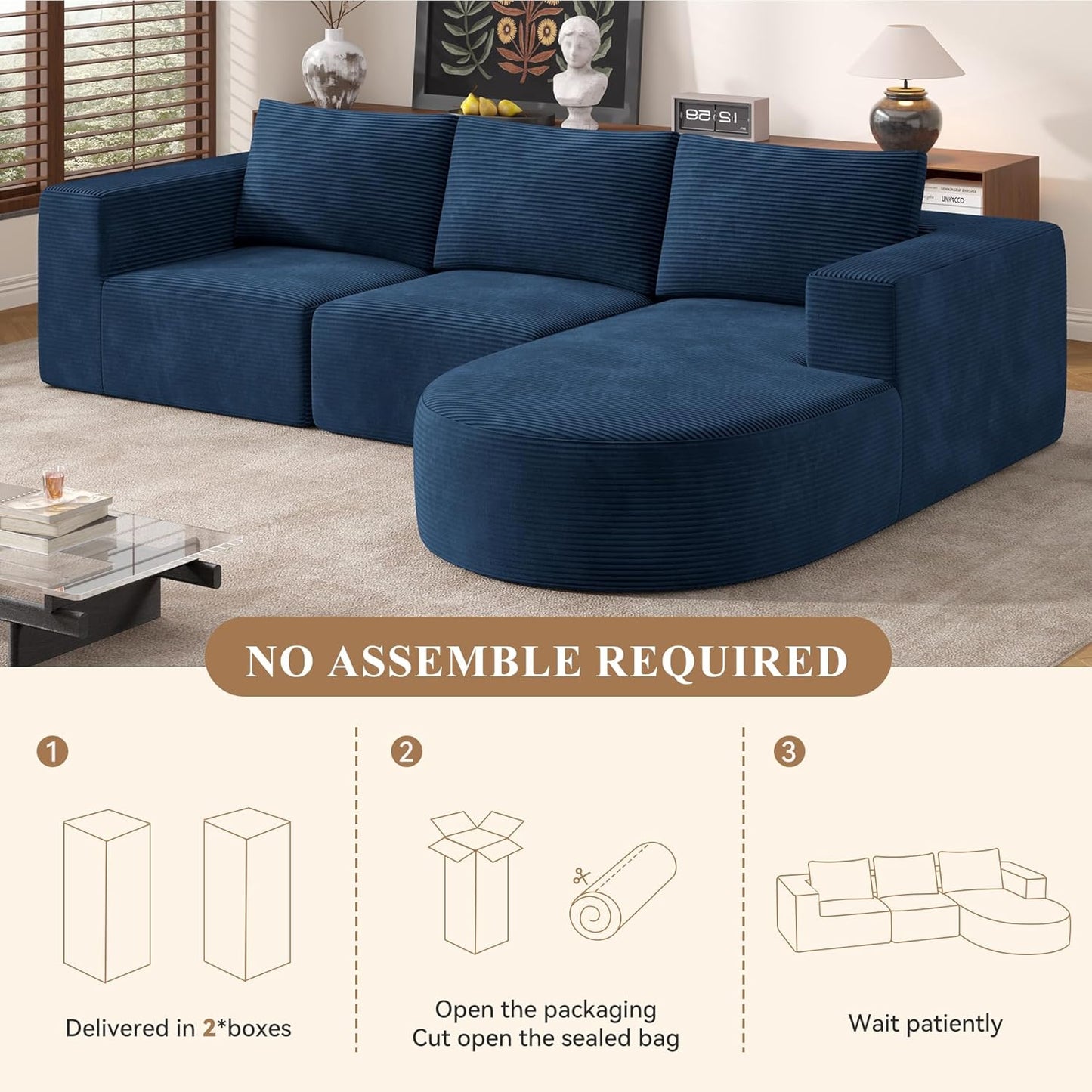 Modular Sectional Sofa with L-Shape Chaise,Cloud Sectional Modern Sleeper Couch with Deep Seat,Sponge Compression Sofas No Assembly Required(Blue-Corduroy Fabric) 1PCS