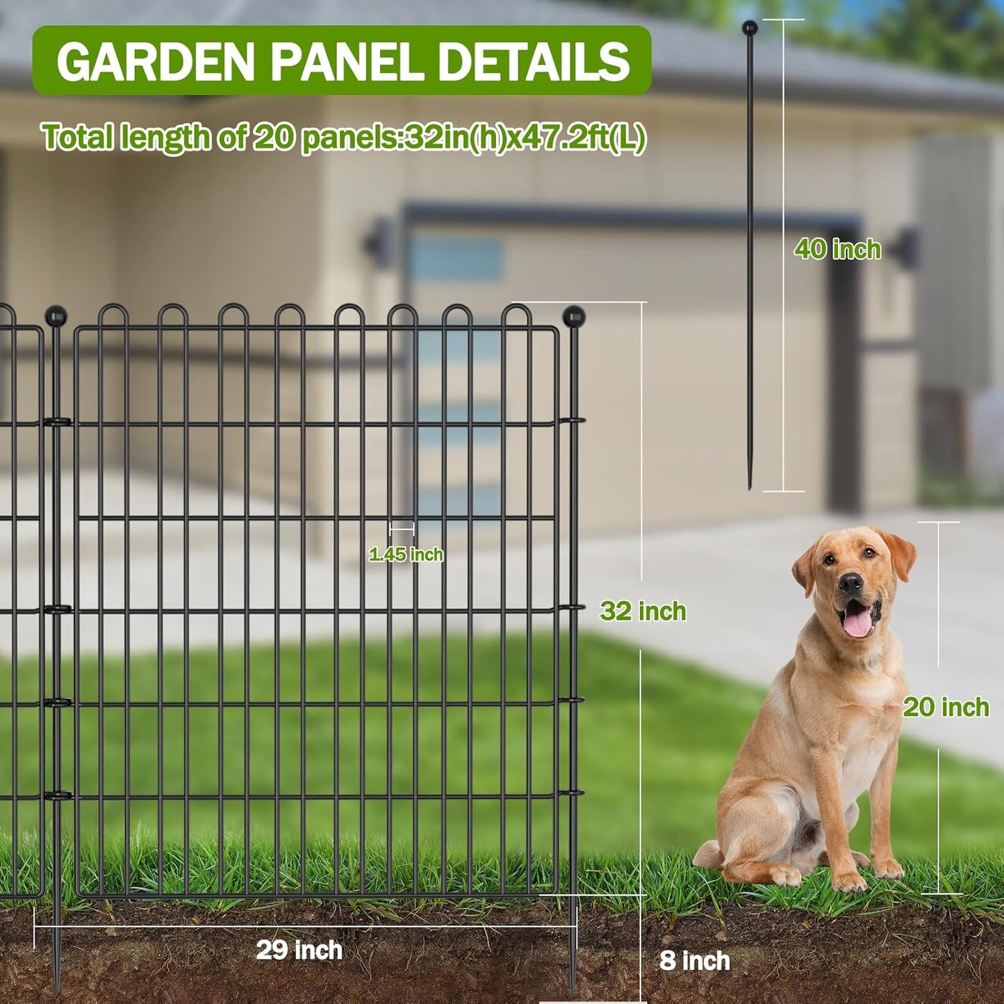 20 Panels No Dig Decorative Garden Fence with 2 Gates for Yard, 32 in(H) X 47.2 ft(L) Animal Barrier Fencing for Outdoor Dog, Metal Portable Garden Fences for Borders, Pets, Landscape, Temporary Fence
