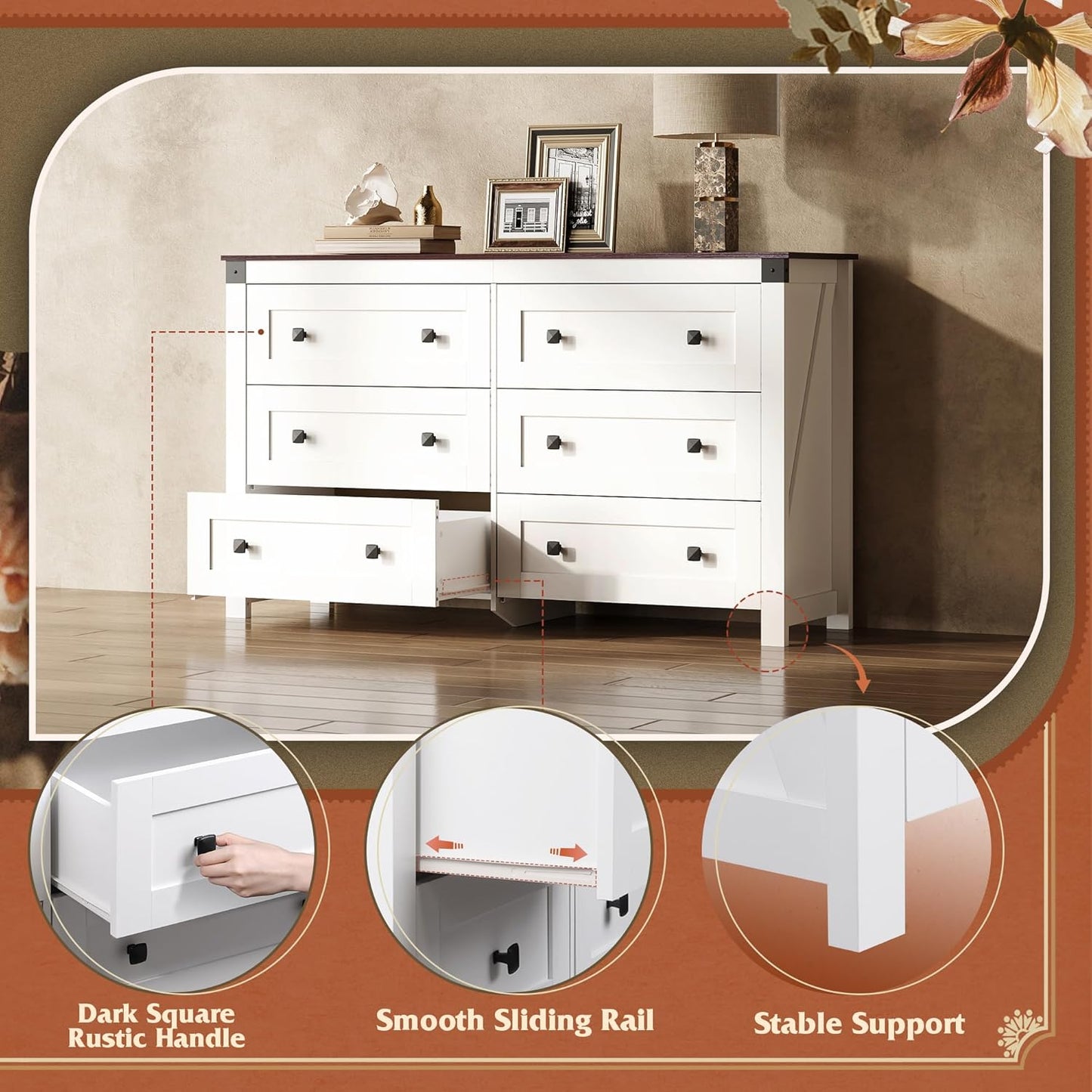 WLIVE Farmhouse 6 Drawer Dresser for Bedroom, 53.07'' Wide Wood Dresser, White Dressers Storage Organizer with Double Rustic Handle, TV Stand for 60 inch TV, Chest of Drawers for Living Room, Hallway