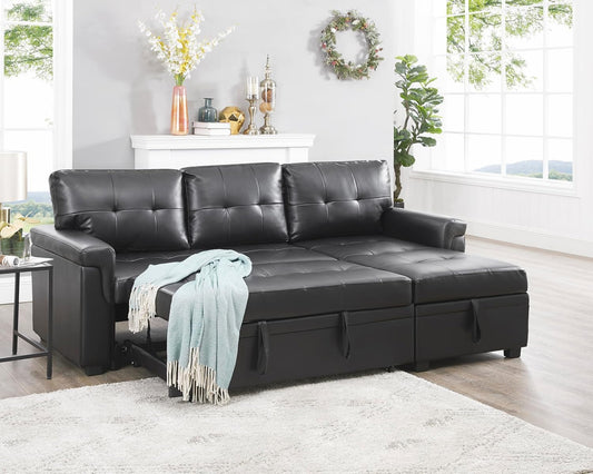 Naomi Home Jenny Sectional Sofa Sleeper with Storage Chaise, Tufted Pull Out Couch with Storage, L-Shaped Reversible Sleeper Sofa with Storage, Black,Air Leather