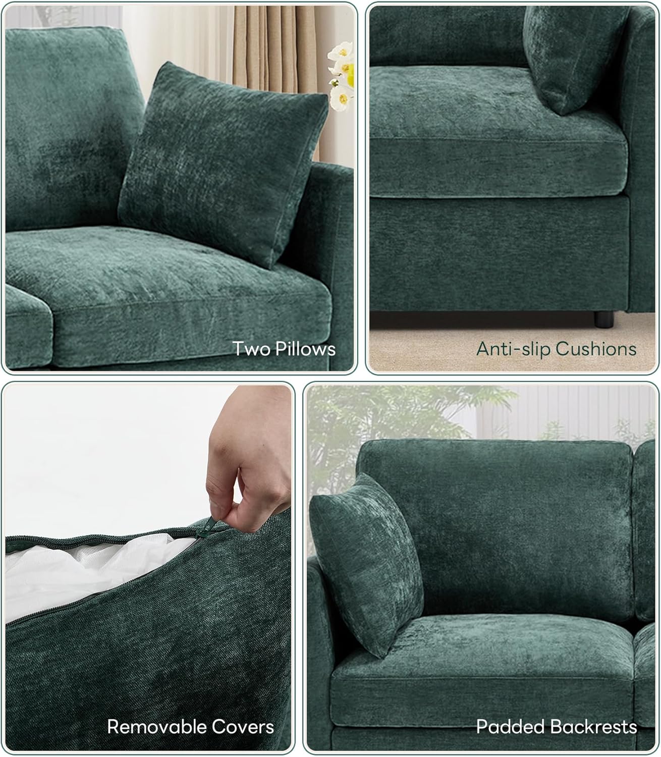 Tbfit U Shaped Couch 8 Seat, Sectional Sofa for Living Room,Chenille Cloud Couch with Ottoman, Green
