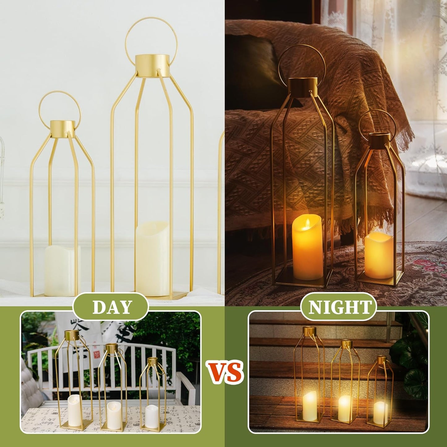 HPC Decor Modern Farmhouse Lantern - 22'' 19'' Large Tall Gold Metal Candle Lanterns with Timer Flickering Candles for Living Room, Outdoor, Fireplace Mantle Decor
