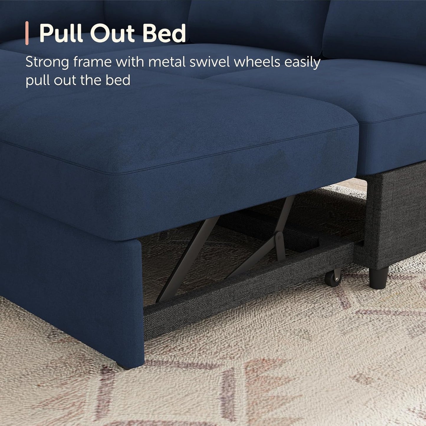 HONBAY Sleeper Velvet Blue Sectional Couch with Pull-Out Bed, Storage Chaise for Living Room