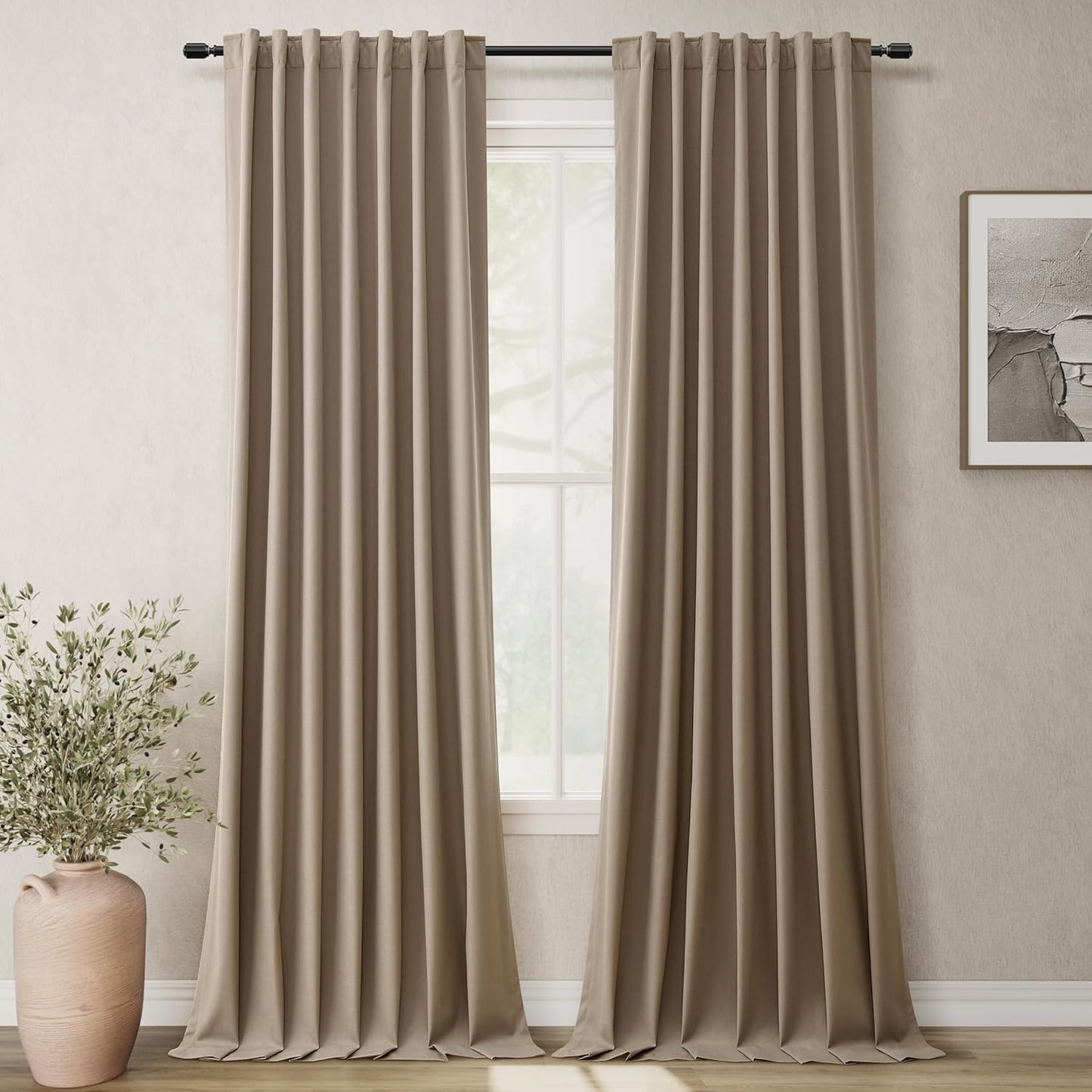 BOODII Full Blackout Curtains 90 Inches Long Room Darkening Curtain for Bedroom Sliding Door Thermal Insulated Black Out Curtains & Drapes Light Brown Neutral Linen 2 Panels Set Back Tab 52x90