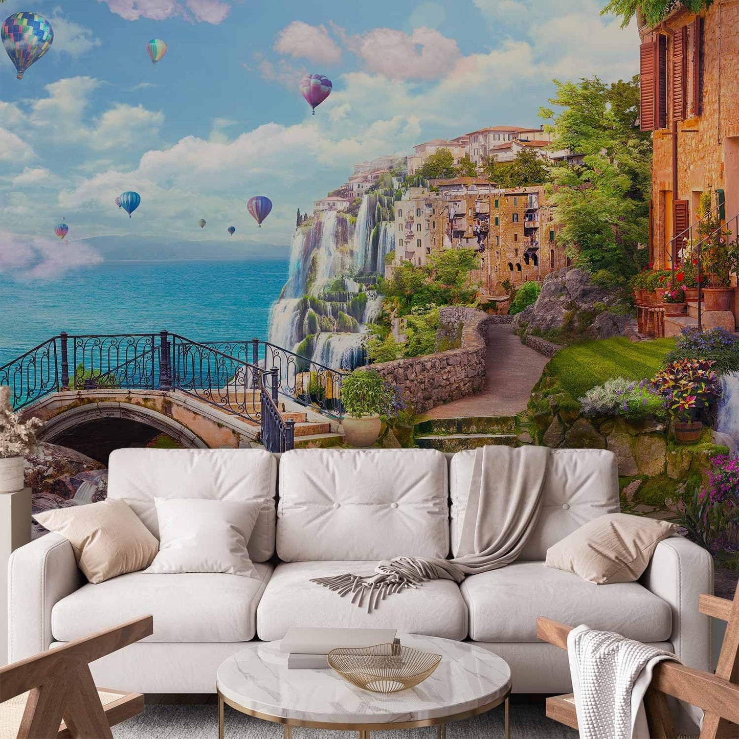 artgeist Wall Mural Peel and Stick Landscape 212x98 in - XXL Self-Adhesive Corner Wallpaper Removable Large Sticker Foil Angle Wallpaper Baloons Waterfall Architecture Landscape Clouds c-B-10182-a-a