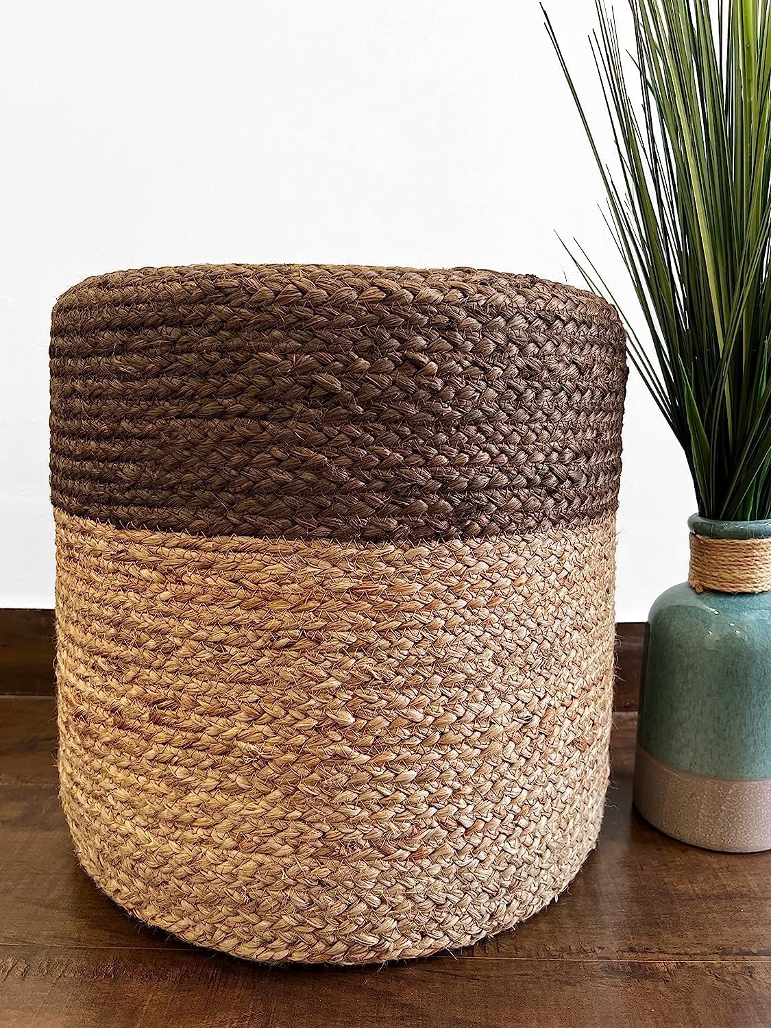 Jute Pouf Ottoman | Footrest Pouf | Hand Braided - Round Boho Pouffe - for Living Room, Bedroom, Nursery (16"x16"x16") Grey