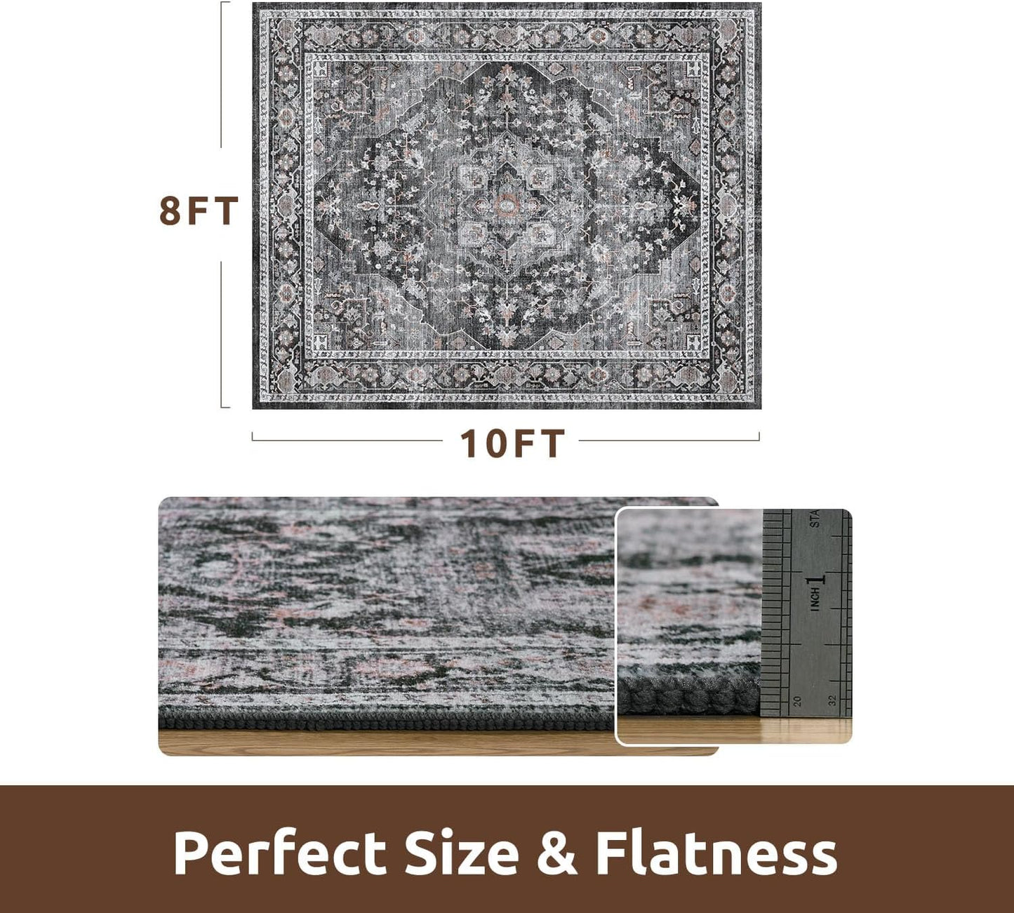 AMOAMI-Area Rug 8X10 Rugs for Living Room-Vintage Soft Black Rugs for Bedroom-Non Slip Carpet-Washable Rug for Dining Room Living Room Bedroom Office Under Table Dark Grey & Black