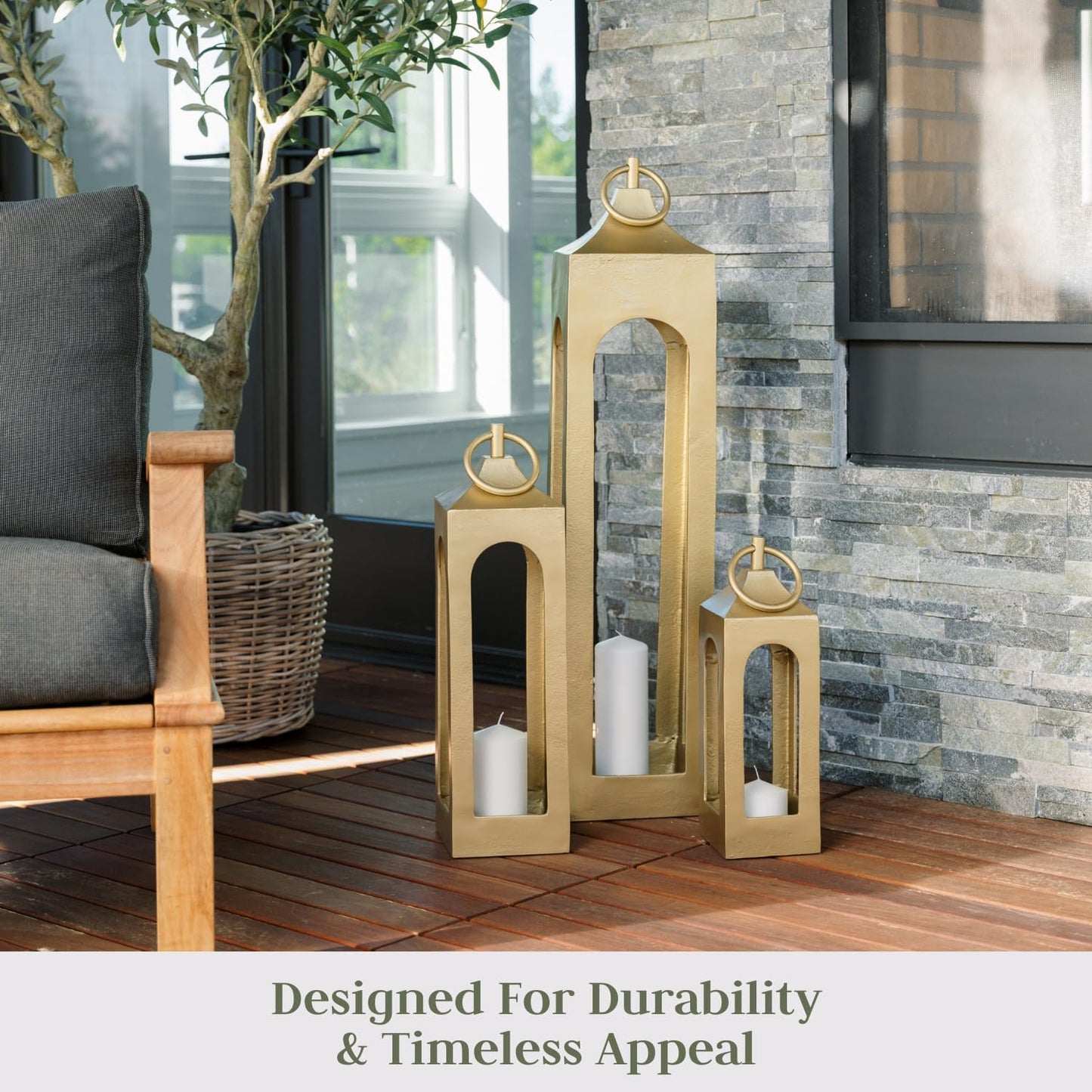 Large Brass Lantern, Rustic Metal Decorative Lantern, Candle Holder for Indoor & Outdoor, Home Decor for Patio, Garden & Tabletop, Hanging Lantern for Parties & Weddings