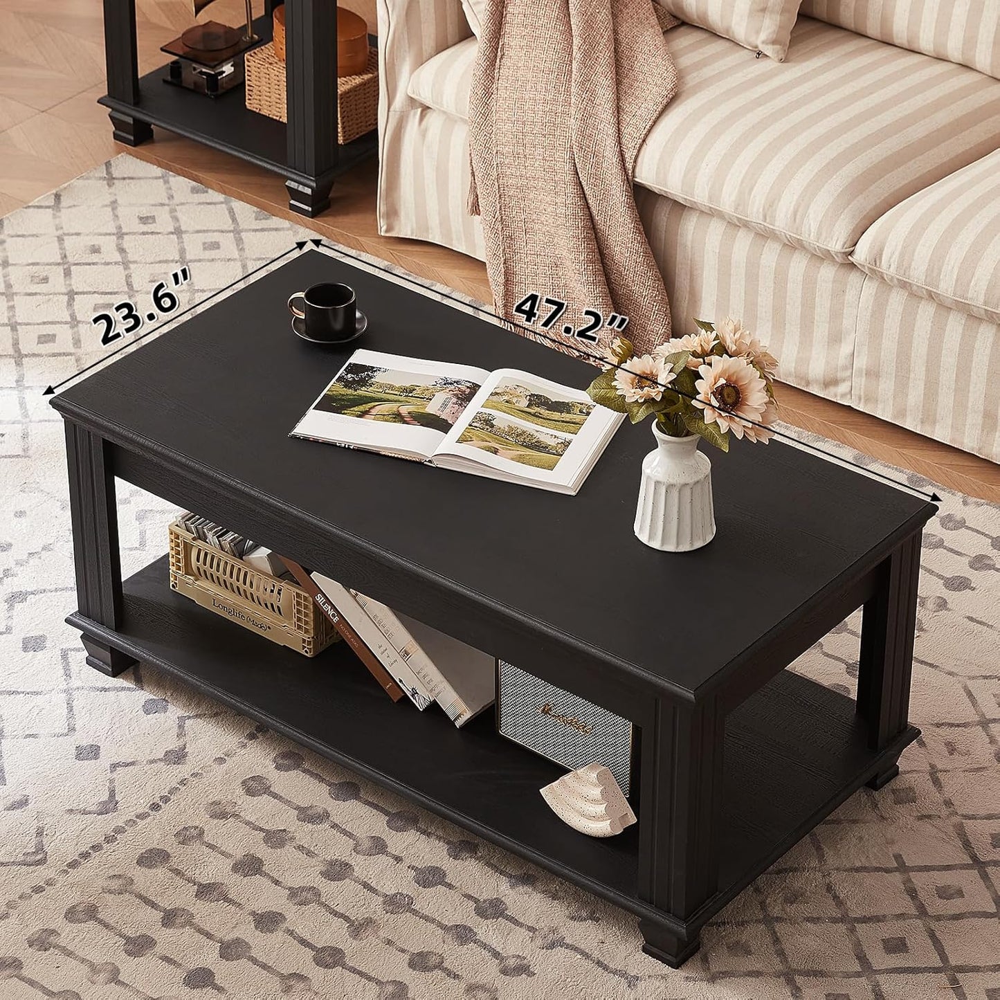 Farmhouse Coffee Tables for Living Room,Square Tea Table with Open Storage Shelf,Large Coffee Table,Rustic Wooden Center Table,Black