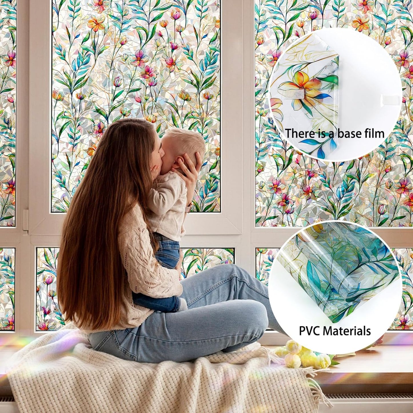 Rainbow Window Privacy Film 3D Floral Decorative Stained Glass Window Film Anti UV Non-Adhesive Reusable 17.5" x 157.4" for Home Room Car Glass Cling