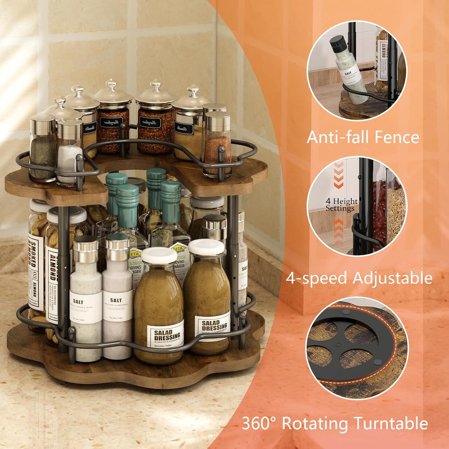 2 Tier Lazy Susan Organizer,2-Tier Spinning Spice Rack with Stable Carousel Base & 4 Height Settings for Cupboard Kitchen Countertop Dining Table Cupboard (Petal Shape)